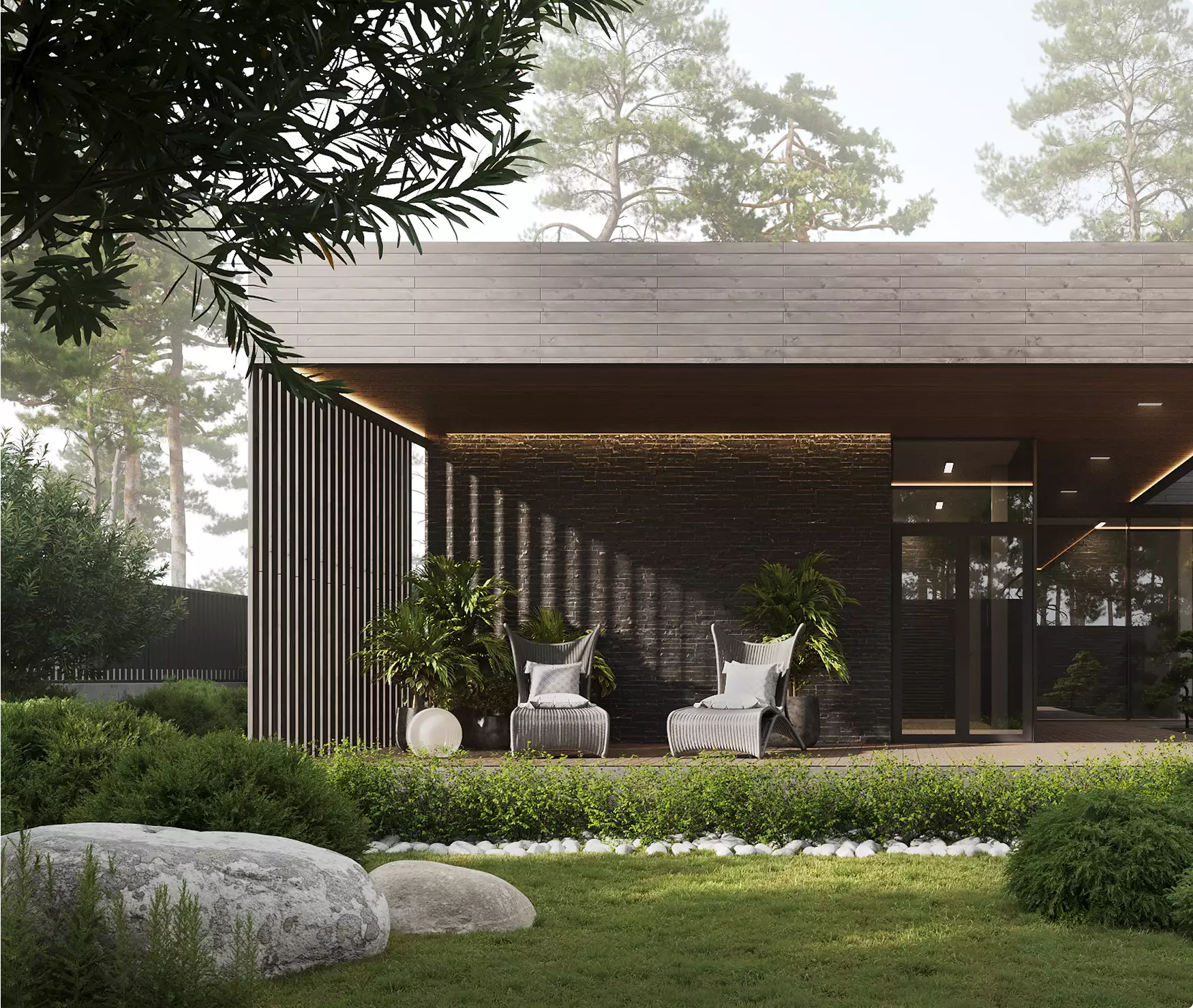 exterior rendering of modern house patio with lounge chairs black wall vertical slats and landscaped garden