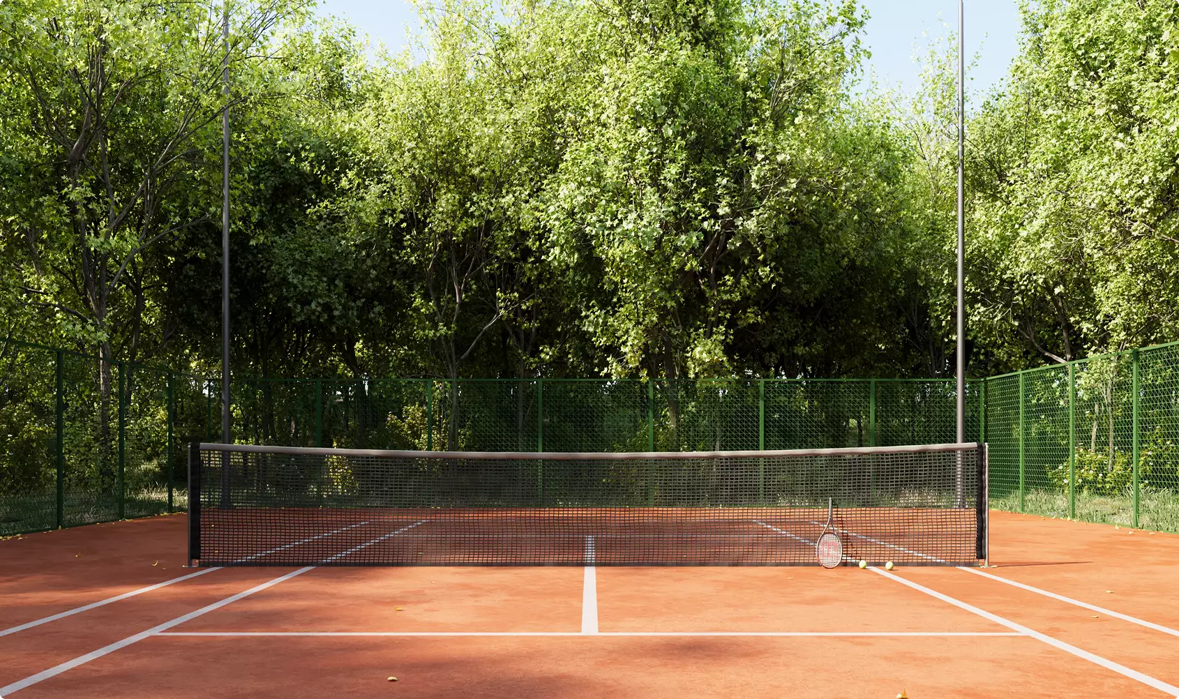 Clay tennis court design with green forest backdrop, fence, net and racket on surface