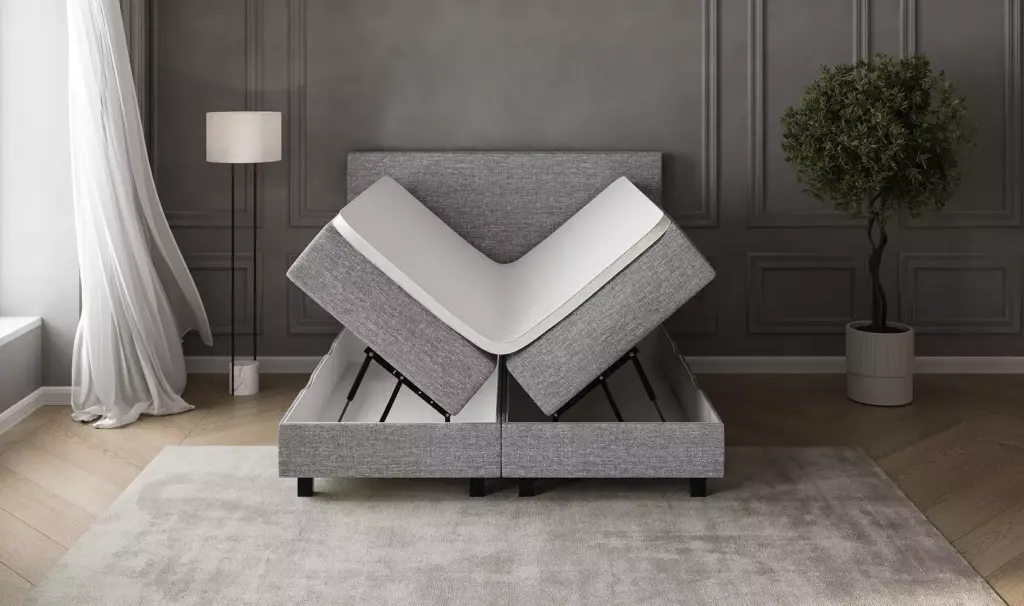 Adjustable split storage bed with lifted mattresses in modern bedroom interior furniture 3D rendering