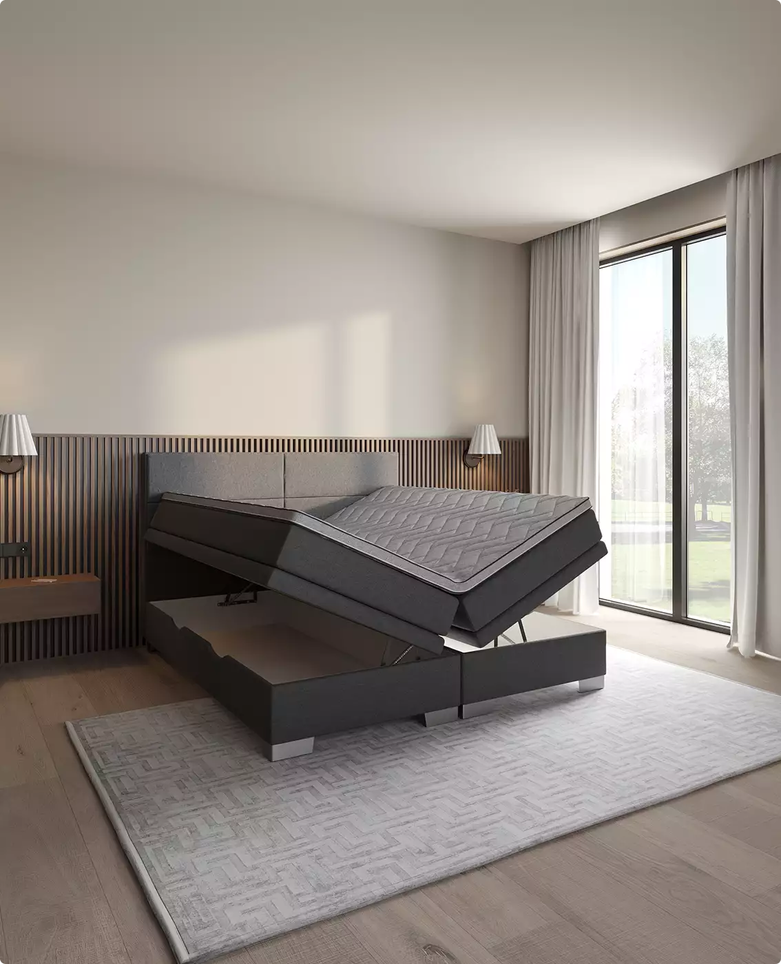 Adjustable storage bed with lifted mattress in modern bedroom interior near large window furniture 3D rendering