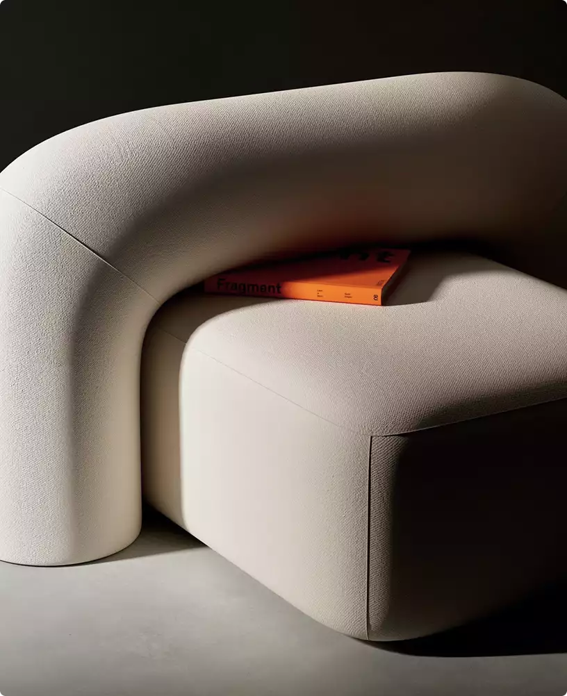 Curved upholstered chair, furniture 3D rendering with a sculptural form and orange magazine on a dark background