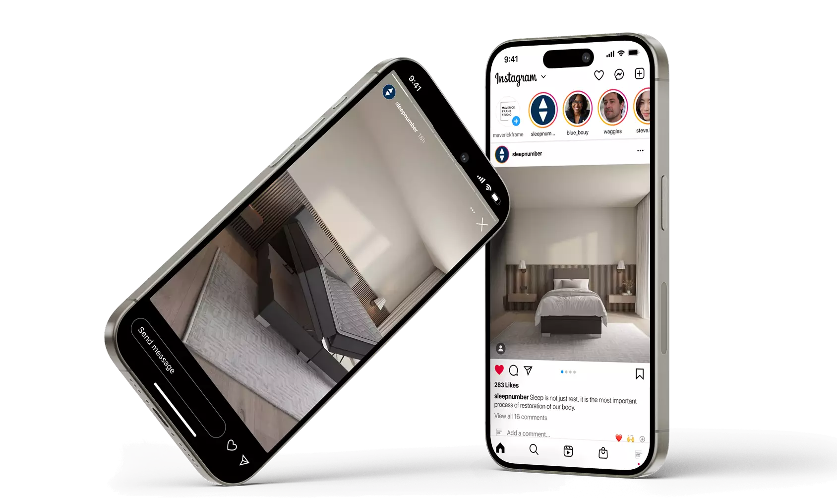 Smartphone mockup showing furniture 3D rendering of modern bed in Instagram social media interface
