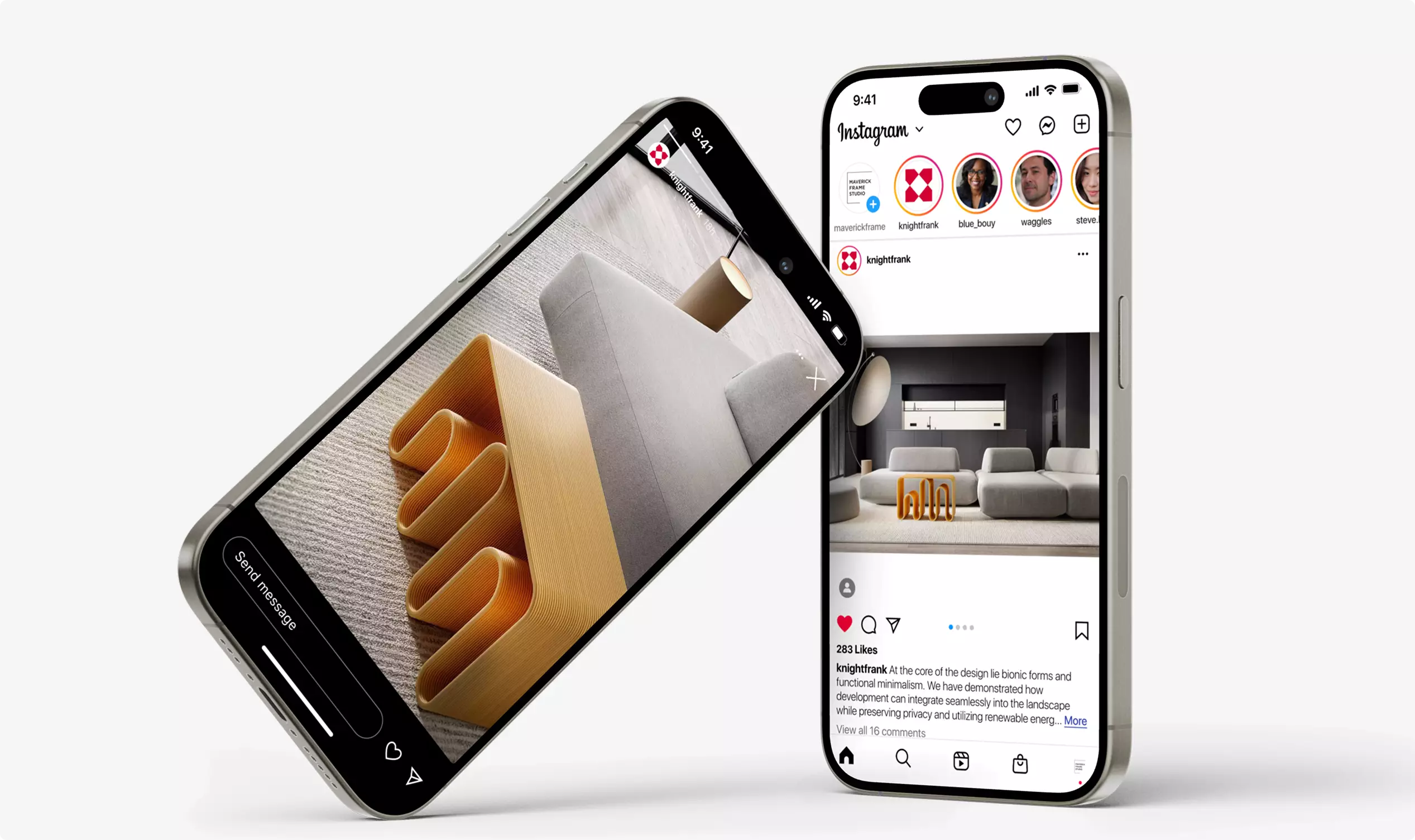 Two smartphones showing furniture posts, furniture 3D rendering with a yellow table and gray sofa