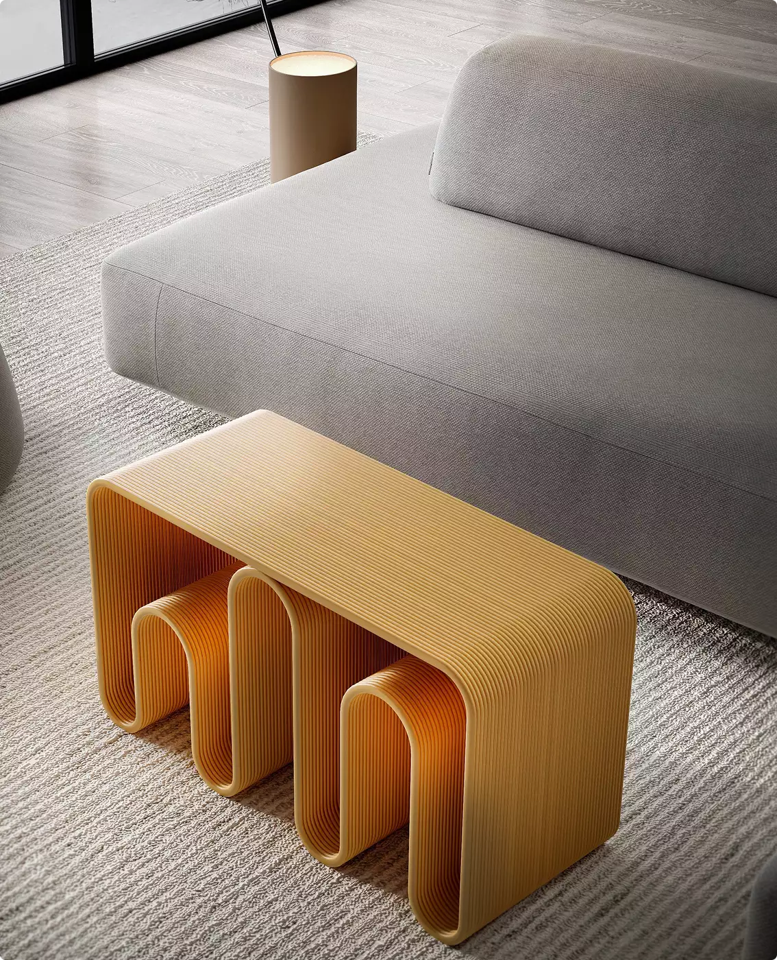 Yellow sculptural side table on a rug, furniture 3D rendering with a gray sofa and soft neutral tones