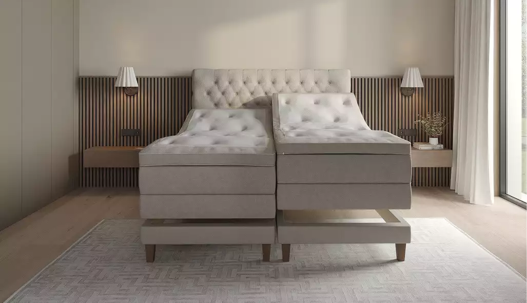 Adjustable split king bed with tufted headboard in modern bedroom interior furniture rendering