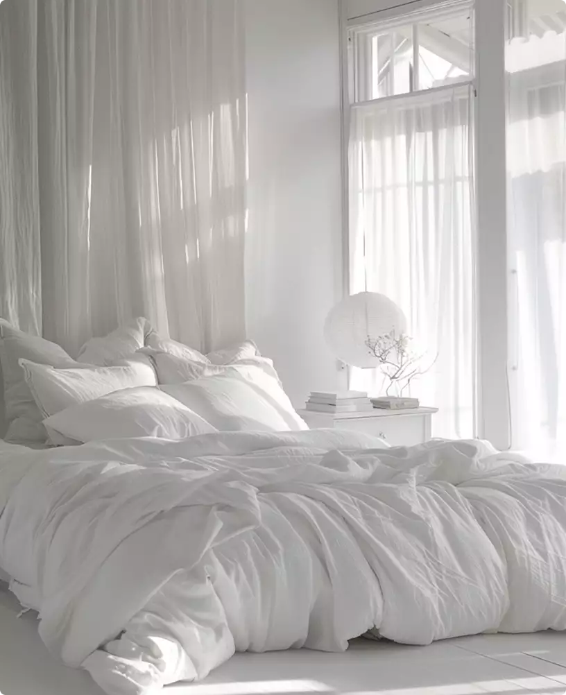 Bright minimalist white bedroom with soft bedding, sheer curtains and natural light interior furniture rendering