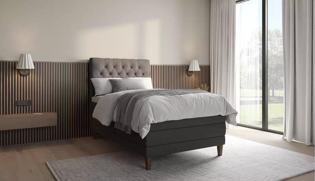 Modern bedroom interior with dark upholstered bed, tufted headboard and large window natural light furniture rendering