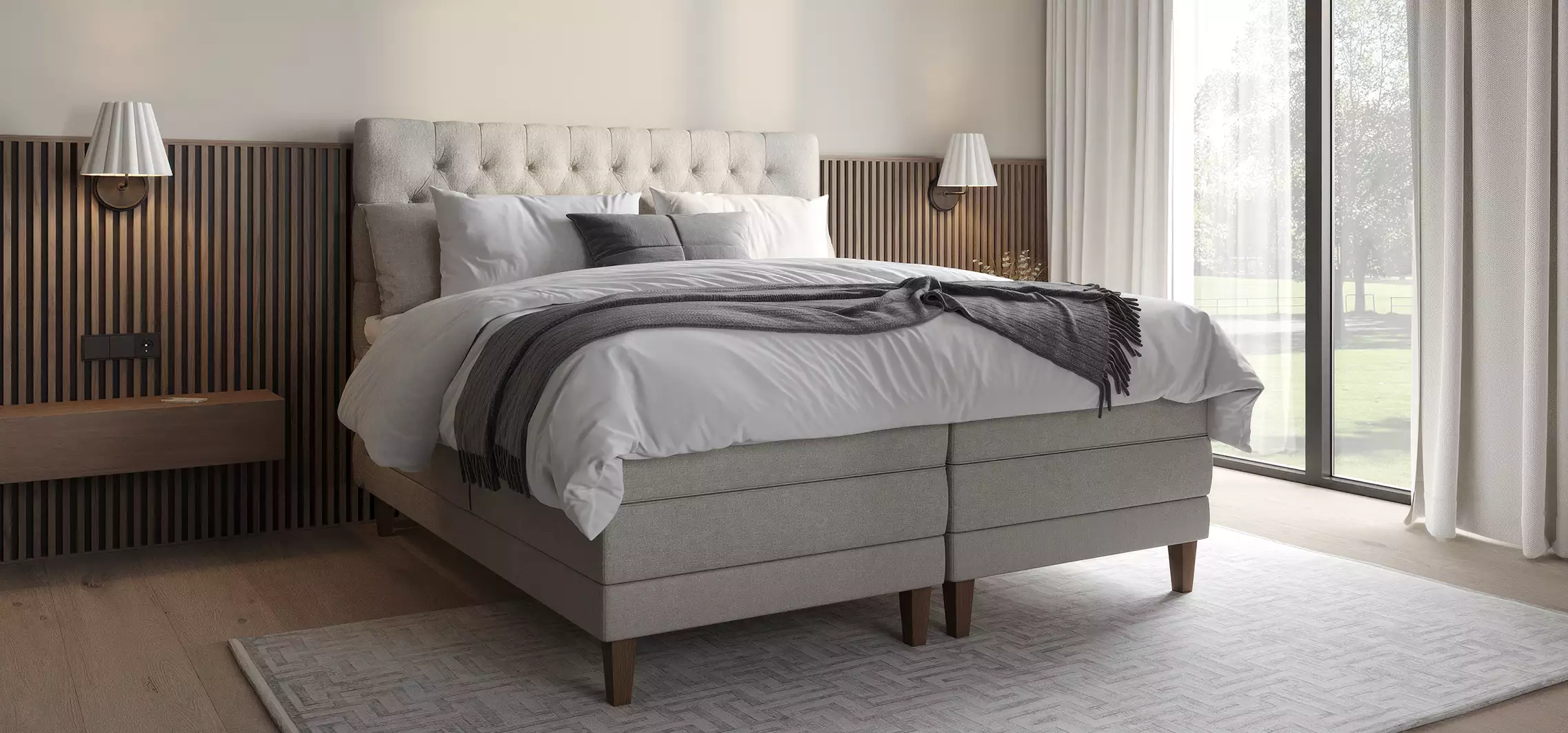 Modern bedroom interior with tufted upholstered bed, wooden wall panels and large window furniture rendering