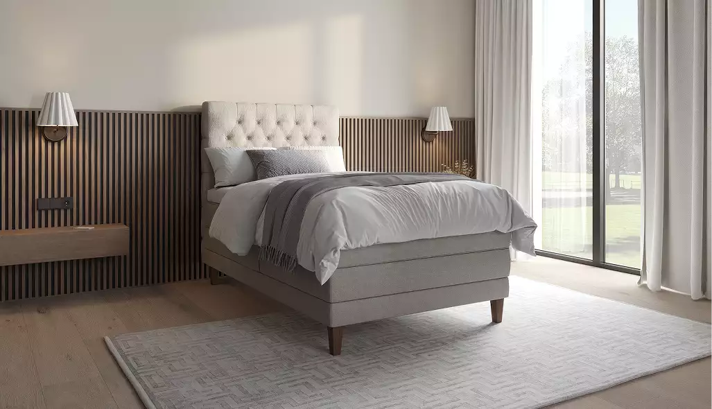 Modern bedroom interior with tufted upholstered bed, wooden slat wall panel and large window natural light furniture rendering