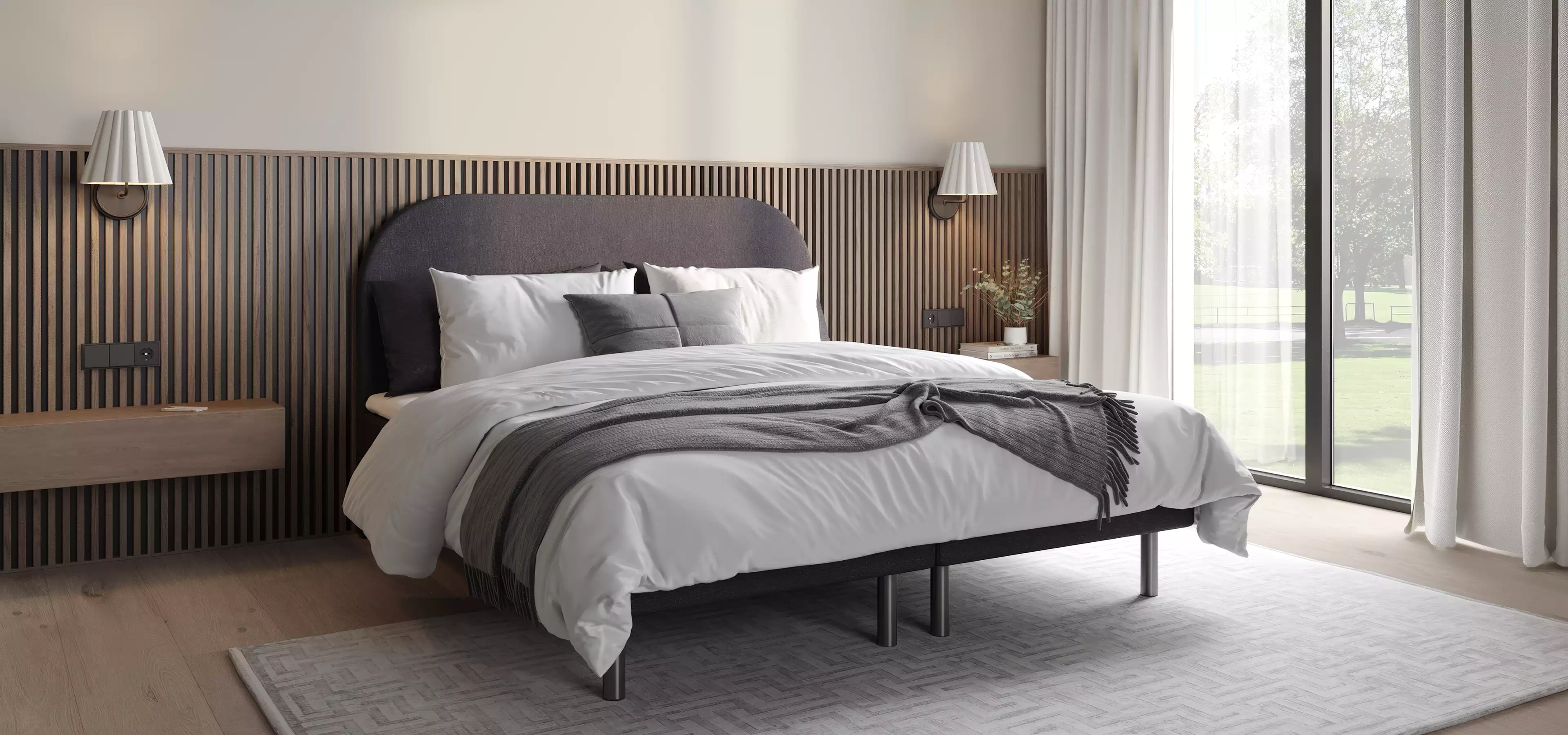 Modern bedroom interior with upholstered bed, wooden slat wall panel and large window natural light furniture rendering