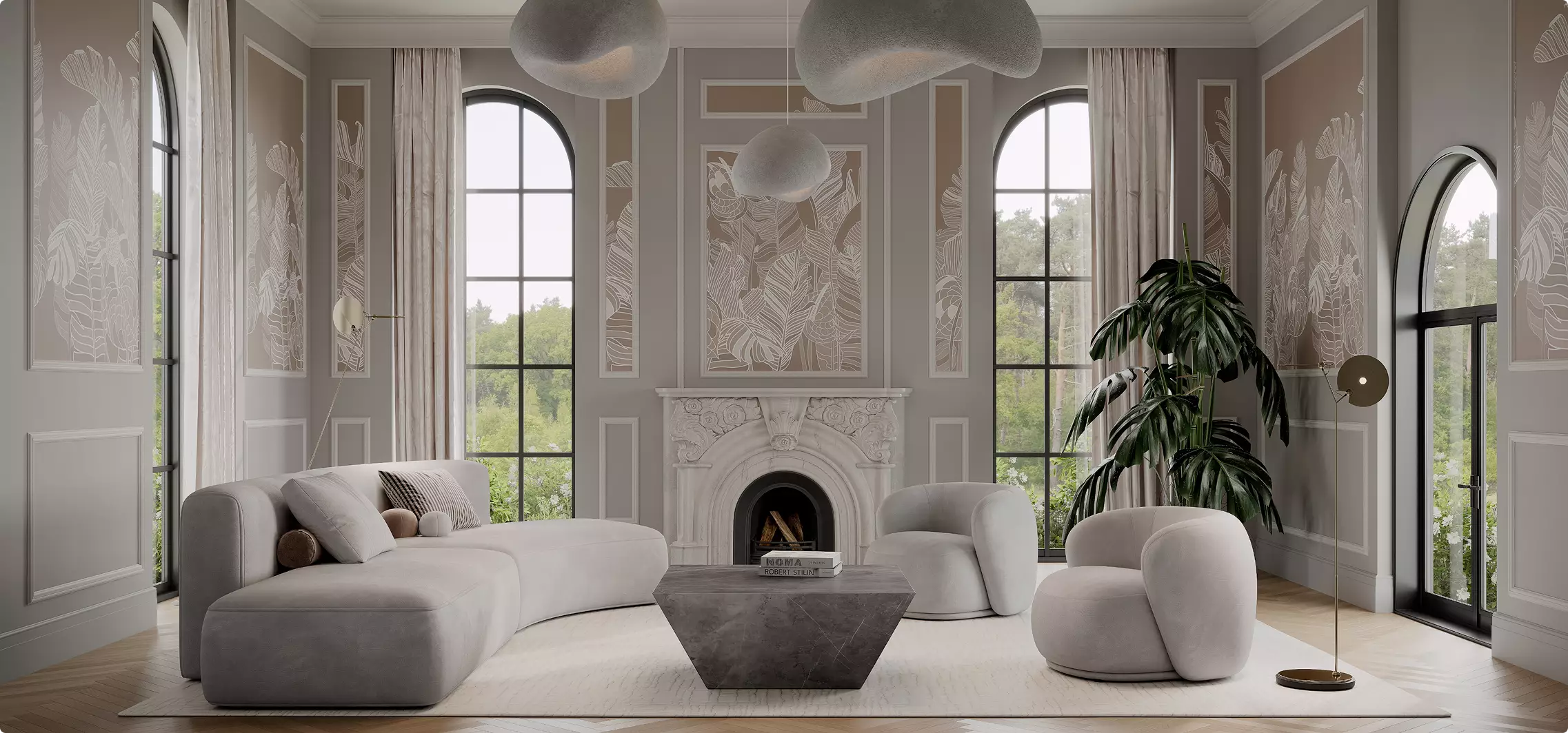 furniture renders of elegant living room with curved sofa, marble fireplace, and sculptural pendant lights