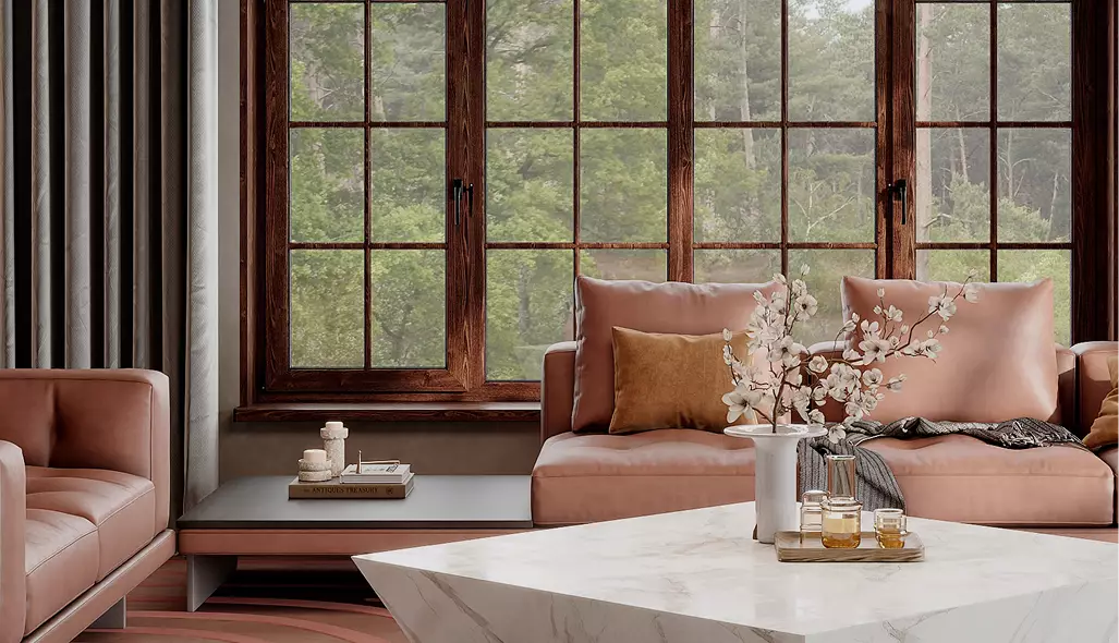 furniture renders living room with pink sofas, marble coffee table, and large wood framed window