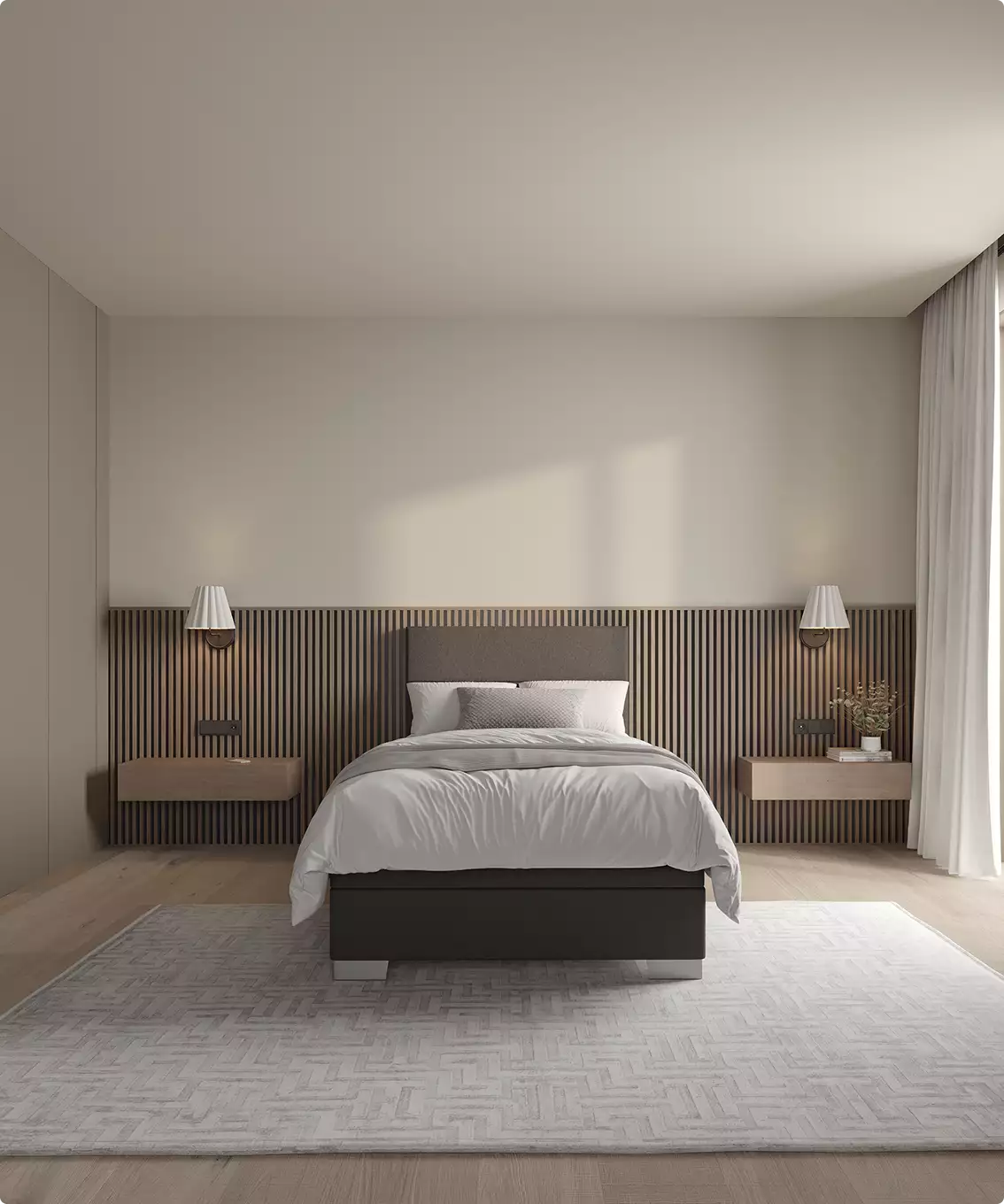 Minimalist modern bedroom interior with upholstered bed, floating nightstands and wall panel lighting furniture renders