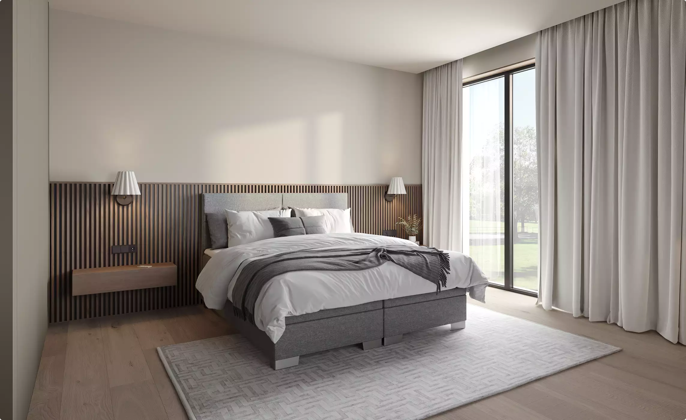 Modern minimalist bedroom interior with upholstered bed, wooden wall panels and large window furniture renders