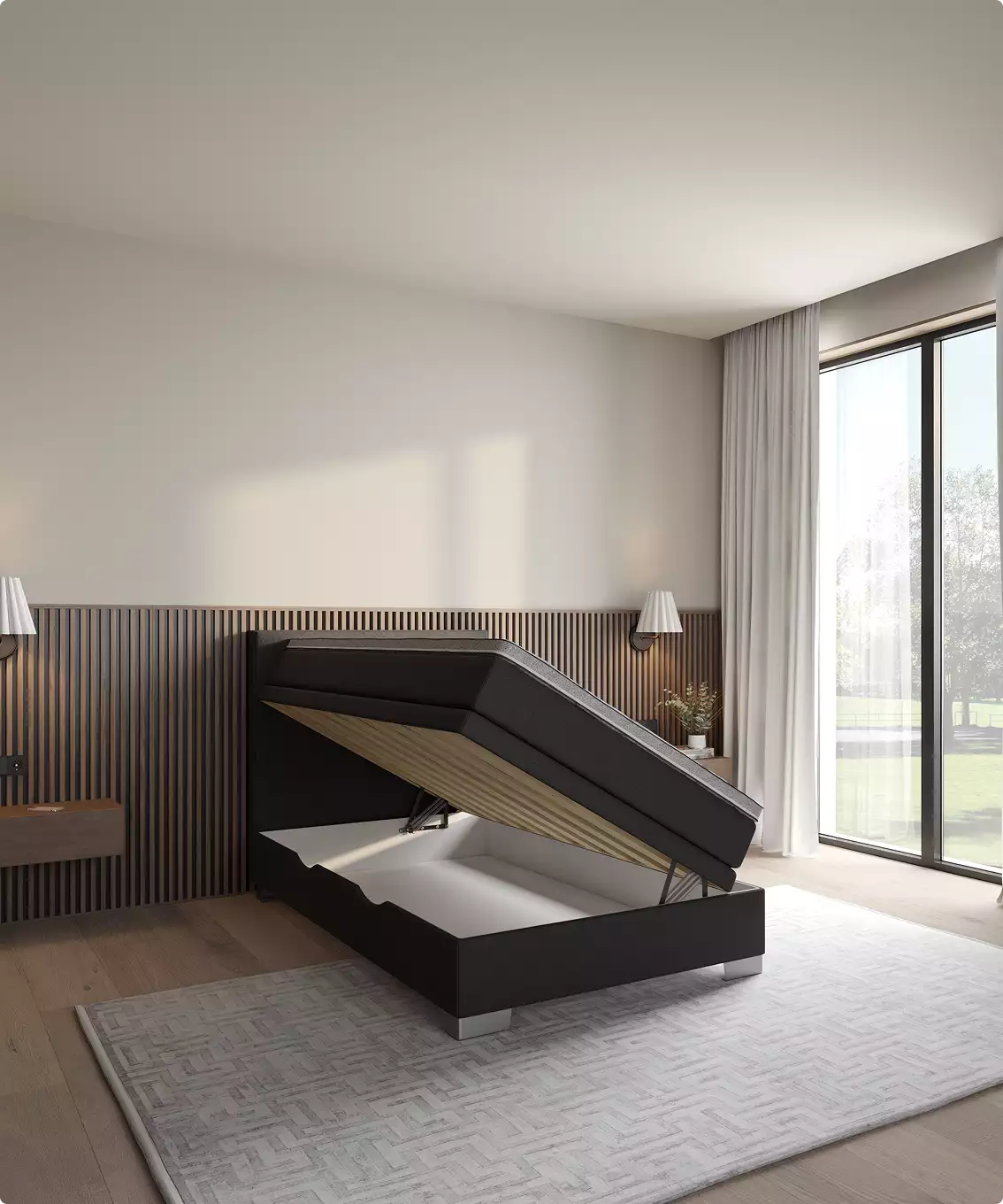 Modern upholstered bed with lift up storage compartment in contemporary bedroom interior furniture renders