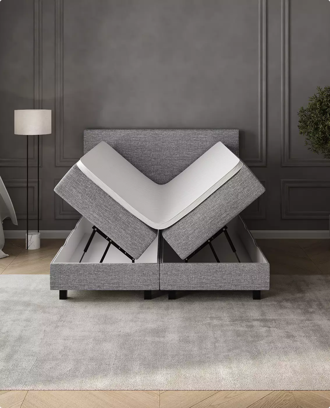 Modern upholstered bed with lifting storage mechanism and raised mattress in contemporary bedroom furniture renders