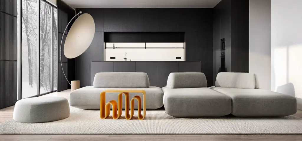 Modular sofa in a modern living room, furniture renders with a yellow table, black kitchen, and snowy view