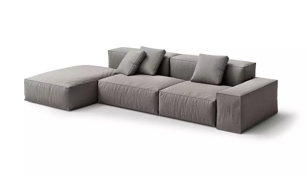 Modular sofa isolated on a plain background, furniture renders with gray upholstery and loose cushions