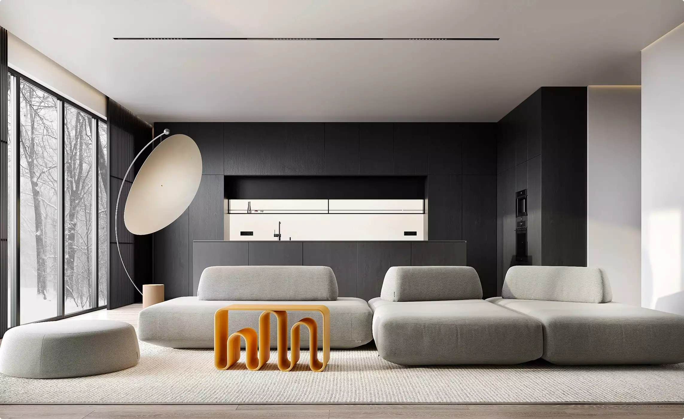 Modular sofa in a modern living room, furniture renders with a yellow table, black kitchen, and tall windows