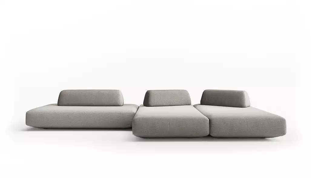 Modular sofa isolated on a plain background, furniture renders with gray upholstery and low backrests