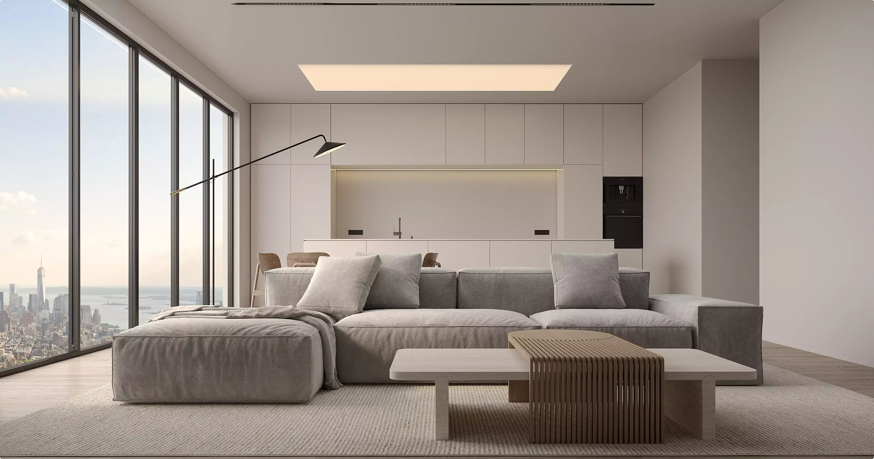 Sectional sofa in a modern living room, furniture renders with city windows, white kitchen, and wood table