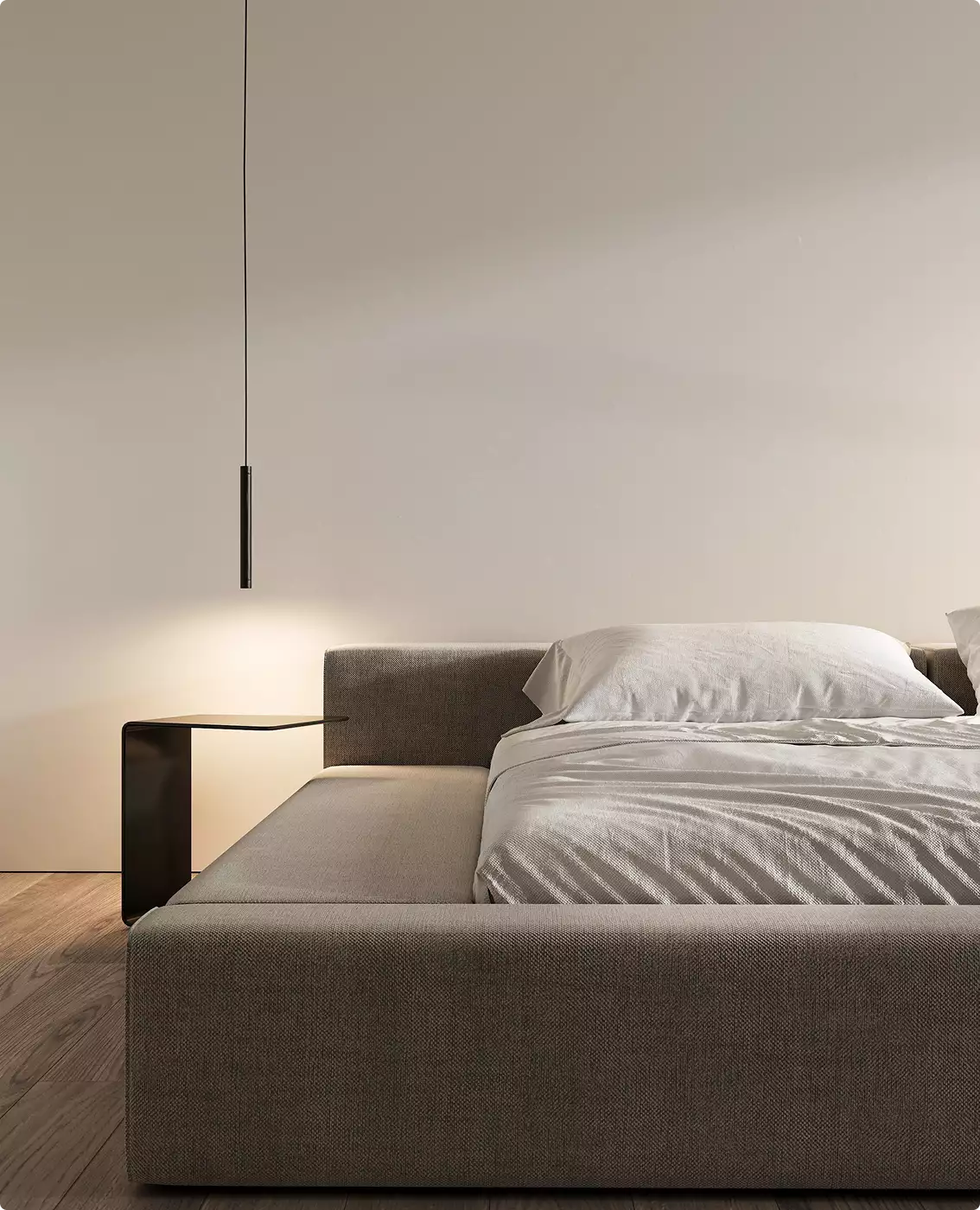 Upholstered bed in a minimalist bedroom, furniture renders with white bedding, side table, and pendant light