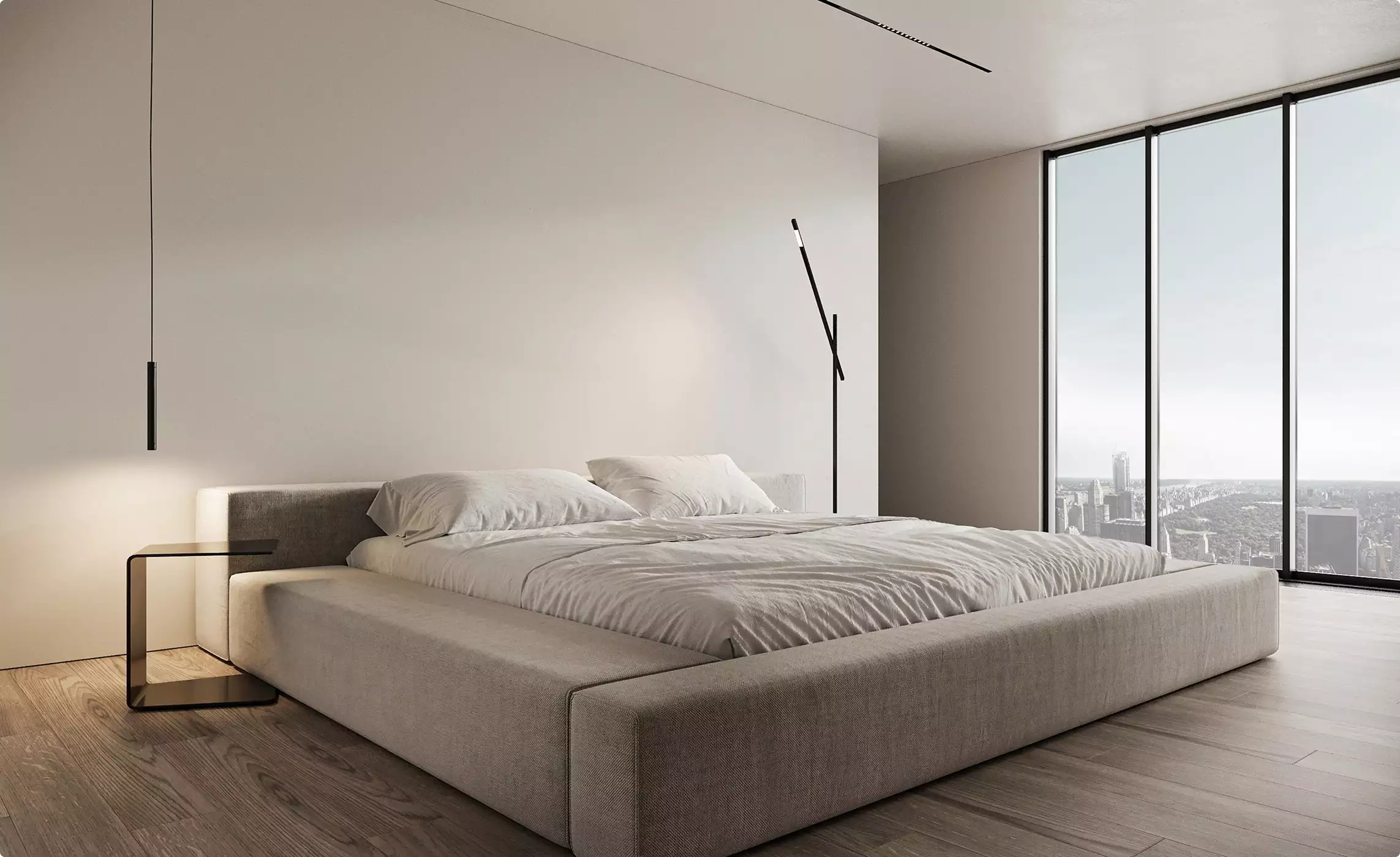 Upholstered bed in a minimalist bedroom, furniture renders with white bedding, side table, and city view