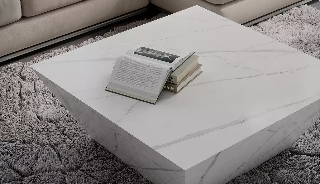 furniture renders white marble coffee table with open book on textured rug in modern living room