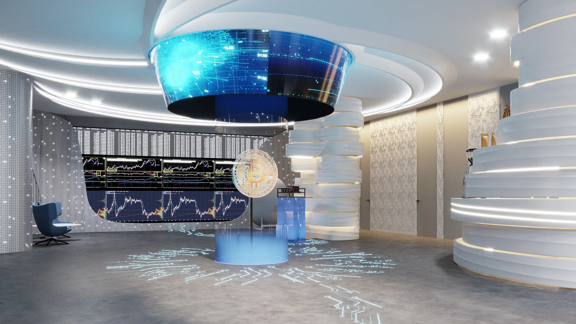 Futuristic lobby interior with curved walls and digital display, architectural rendering services