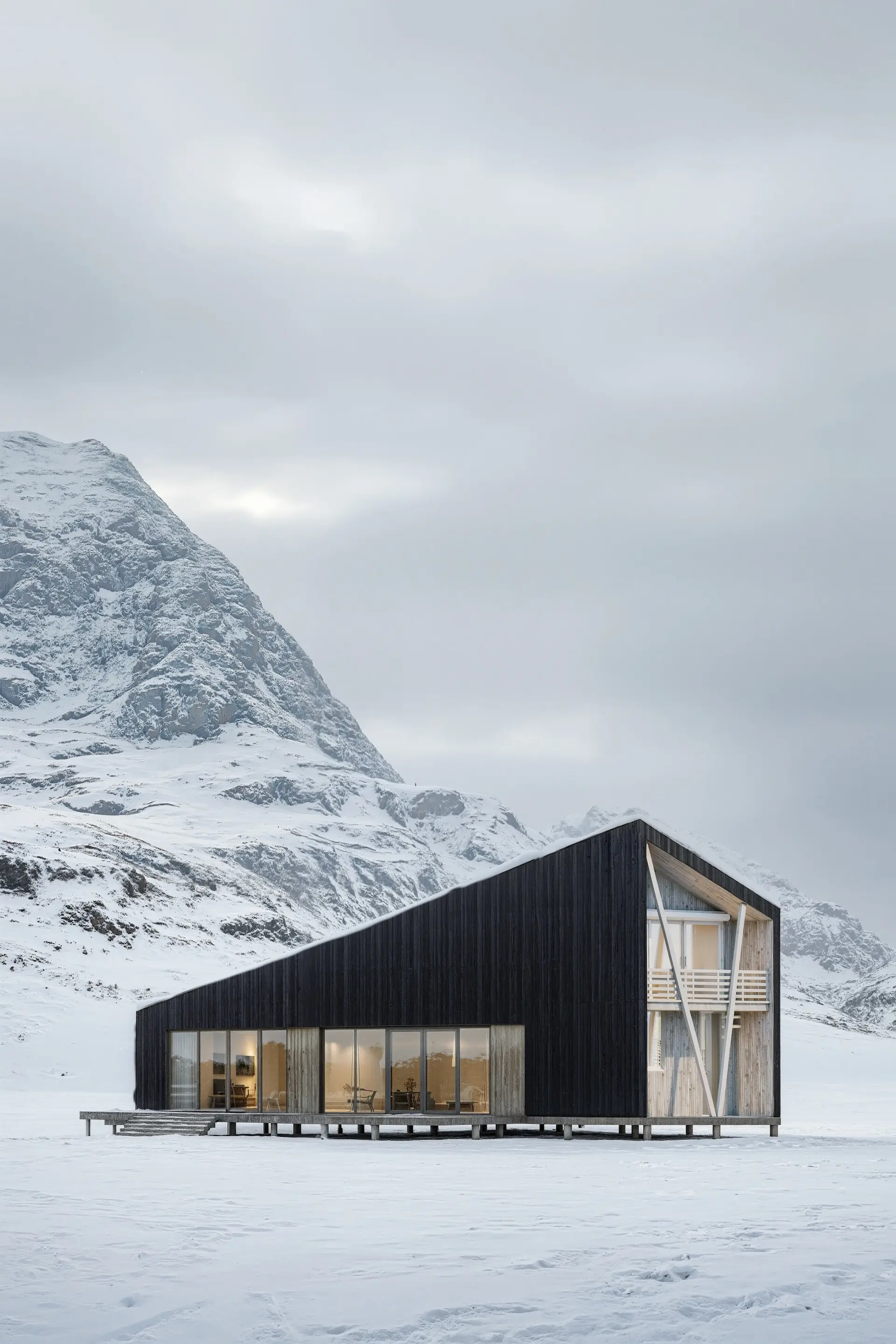 Green architecture cabin in snowy mountains with wide windows, energy efficiency in a remote landscape