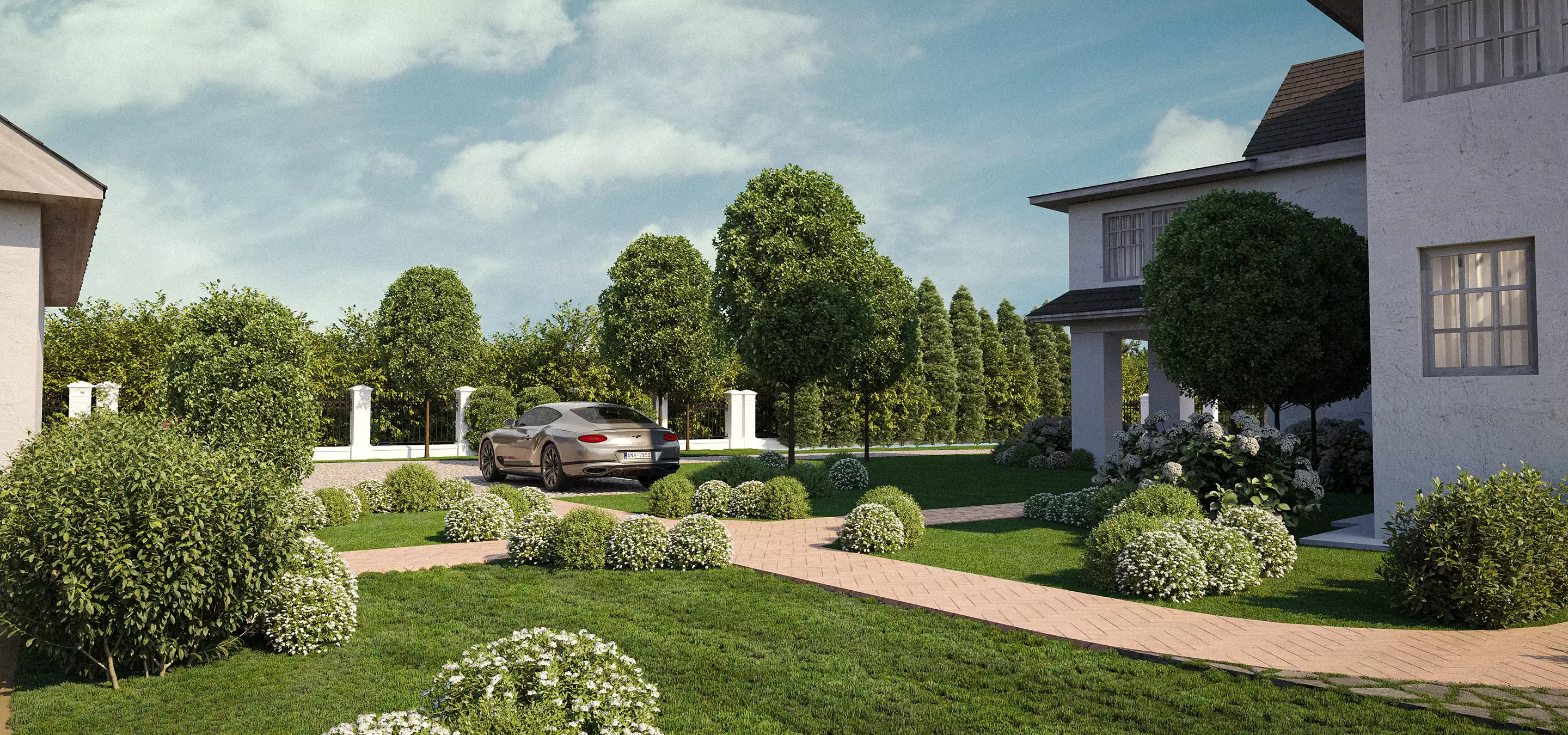 Landscaped garden with shrubs, trees, and driveway near modern house, green architecture rendering