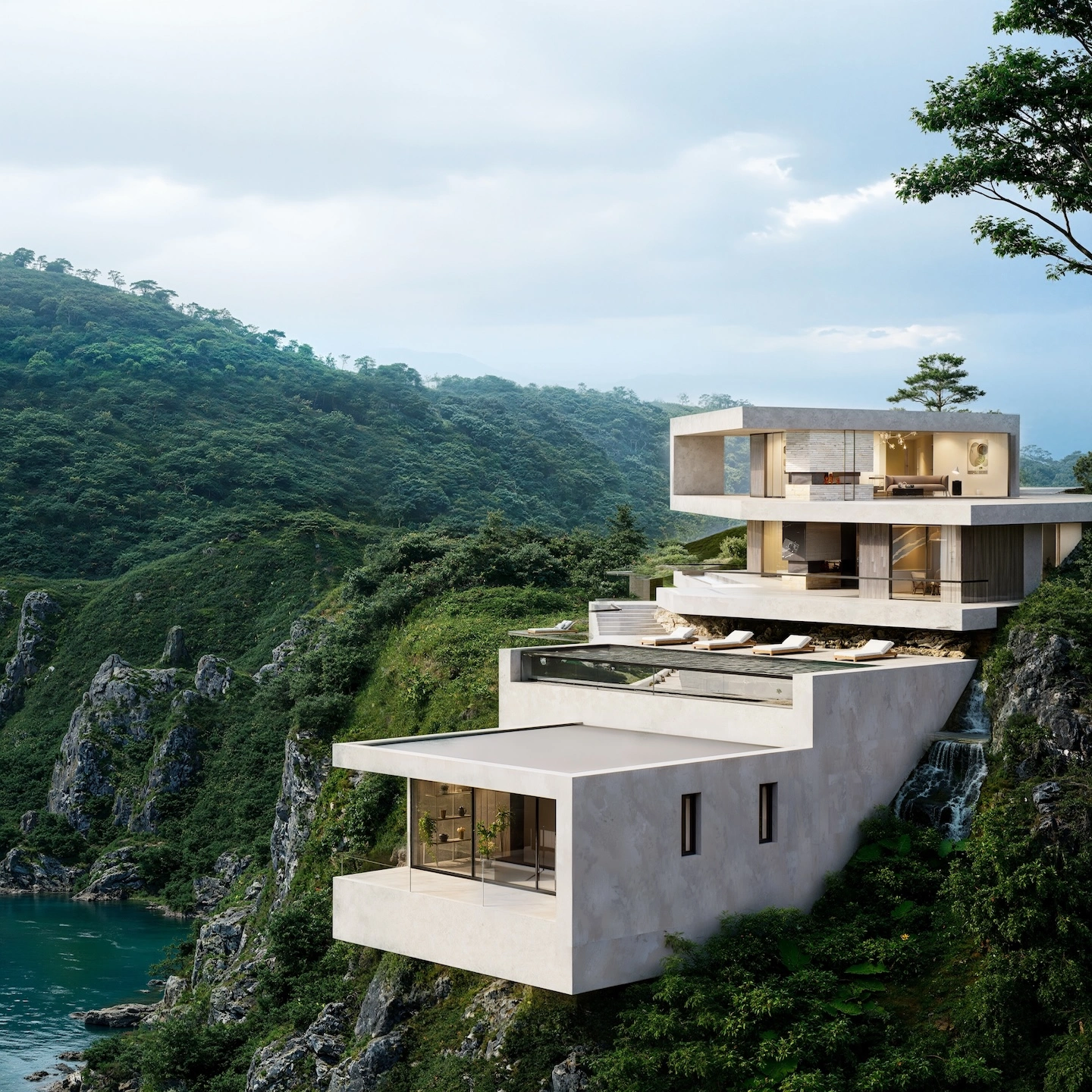 Green architecture cliffside home above water with terraces and pool, sustainable design on steep terrain
