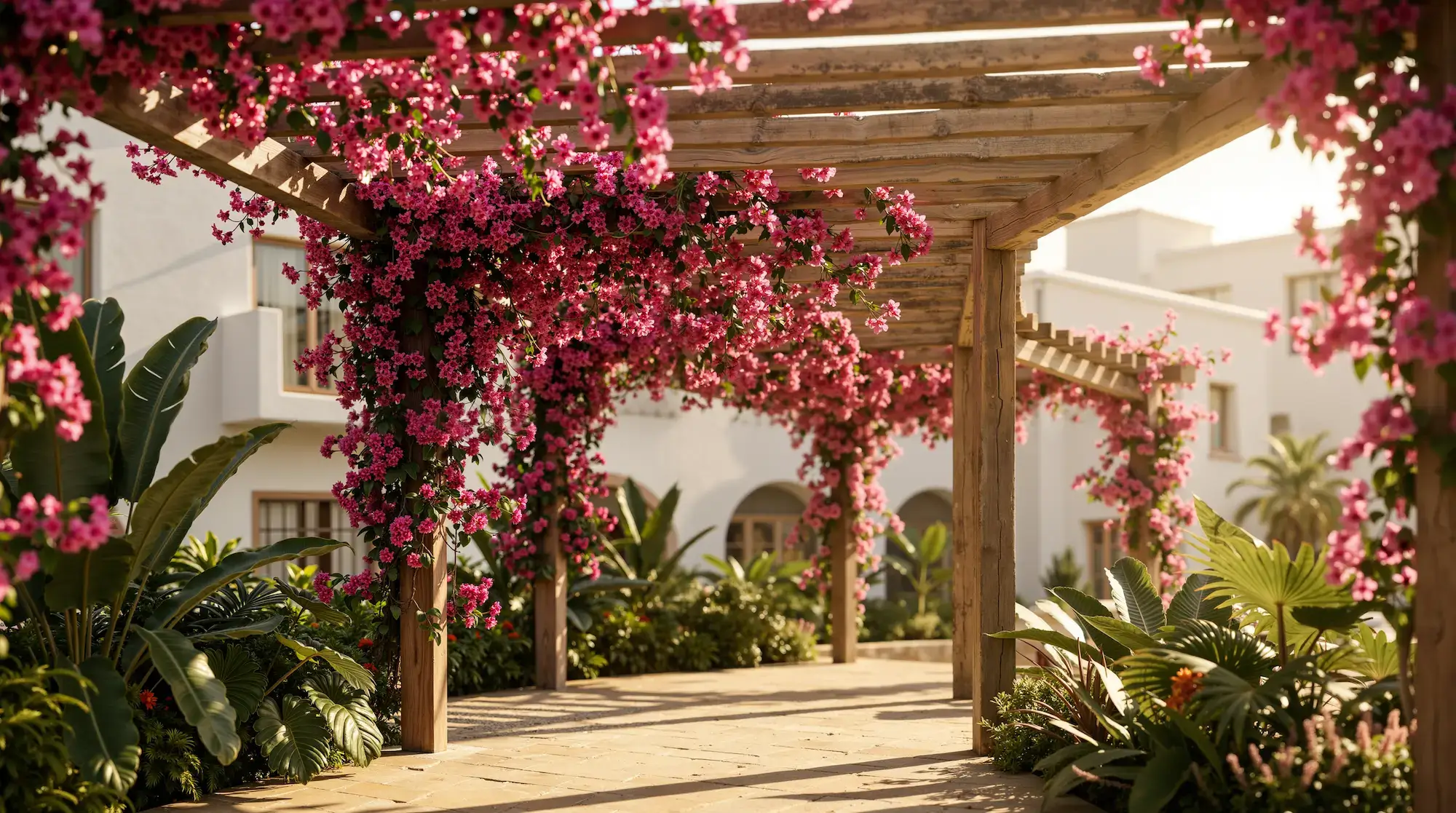 Green architecture pergola draped in pink flowers, sustainable design courtyard with lush planting