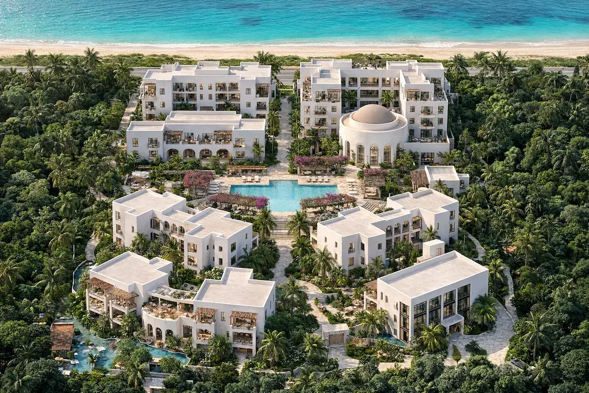 Green architecture beach resort with white buildings, pool, and palms, sustainable living by the sea