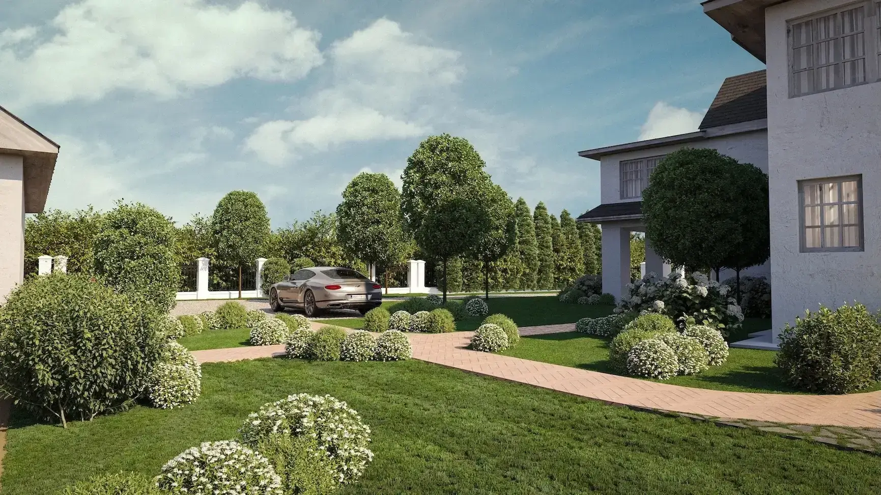 Green architecture home garden with trimmed shrubs, paths, and car court, sustainable living landscape