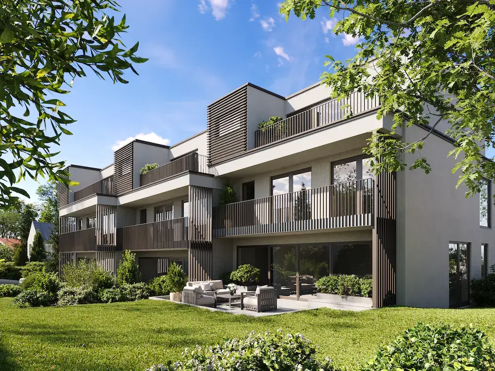 Green architecture apartments with balconies and lawn, green building example for sustainable living