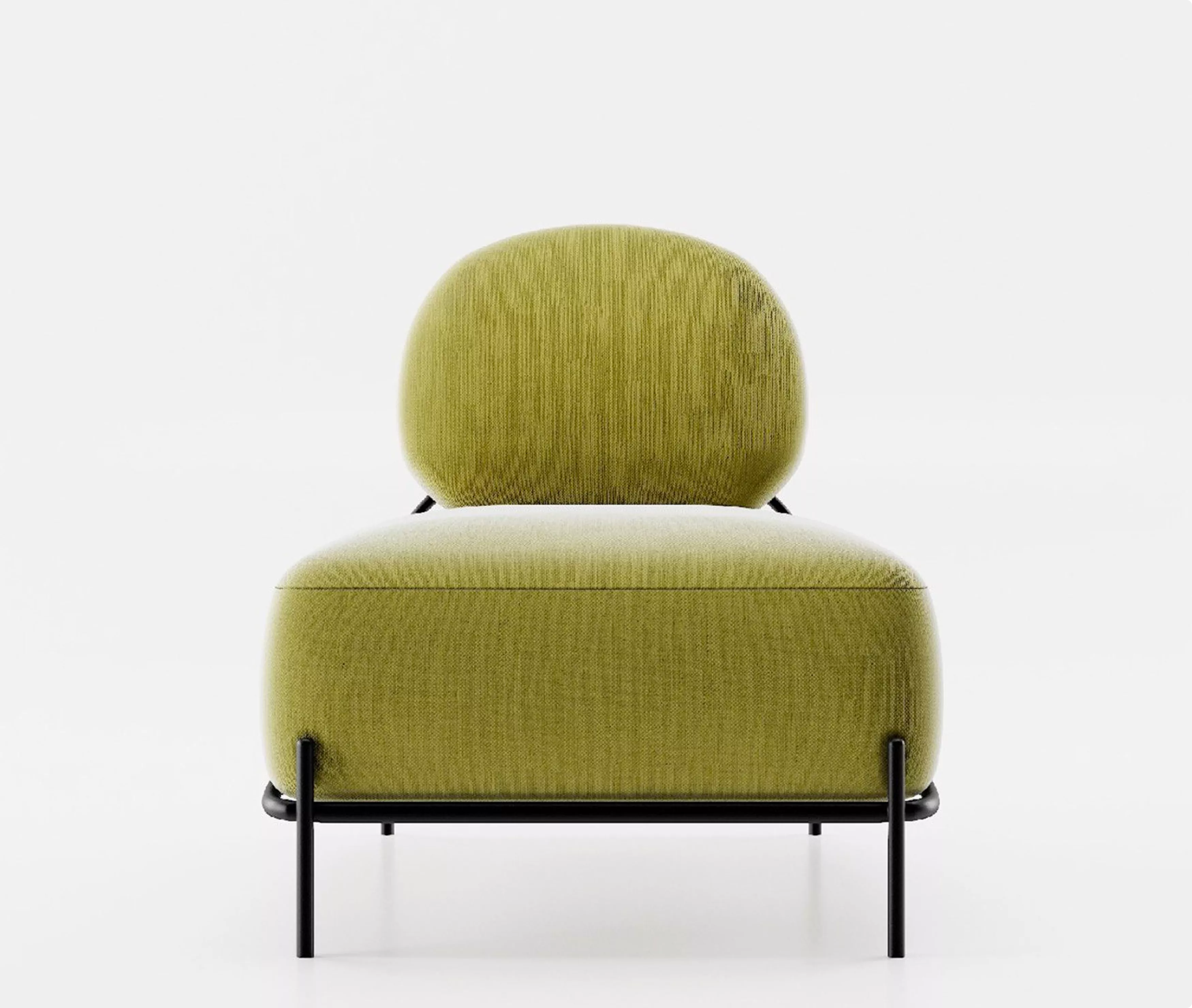Green lounge chair furniture 3D rendering with rounded cushions and black metal legs on a white background