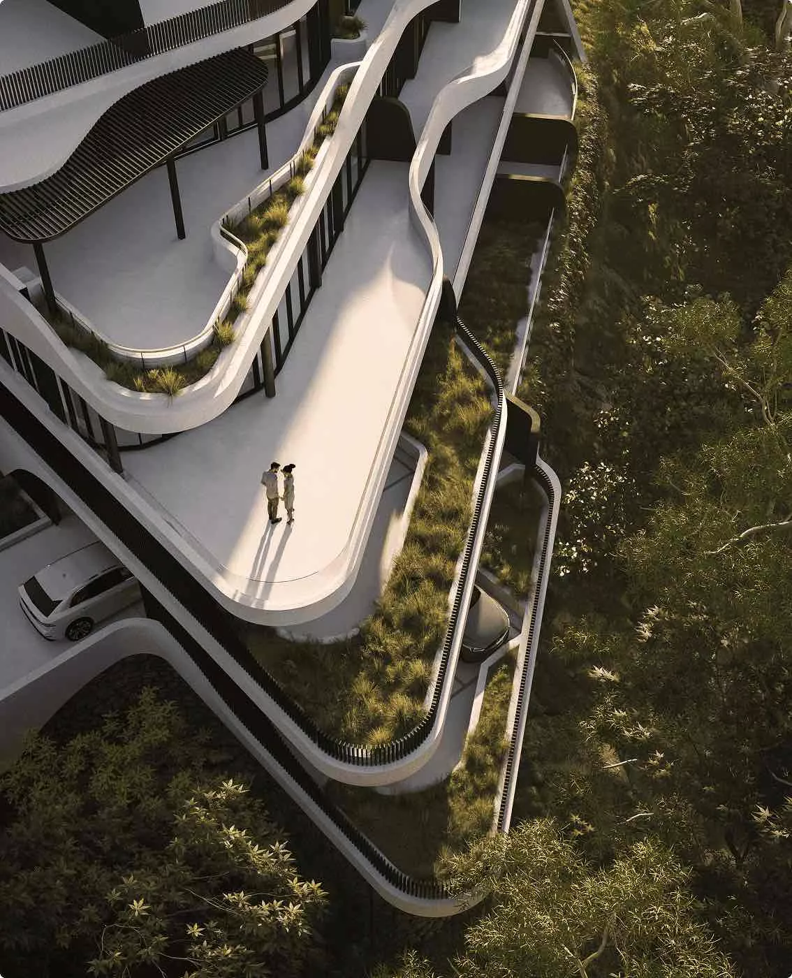 Hotel exterior design with curved terraces, rooftop walkways, planted edges, and a hillside overlook