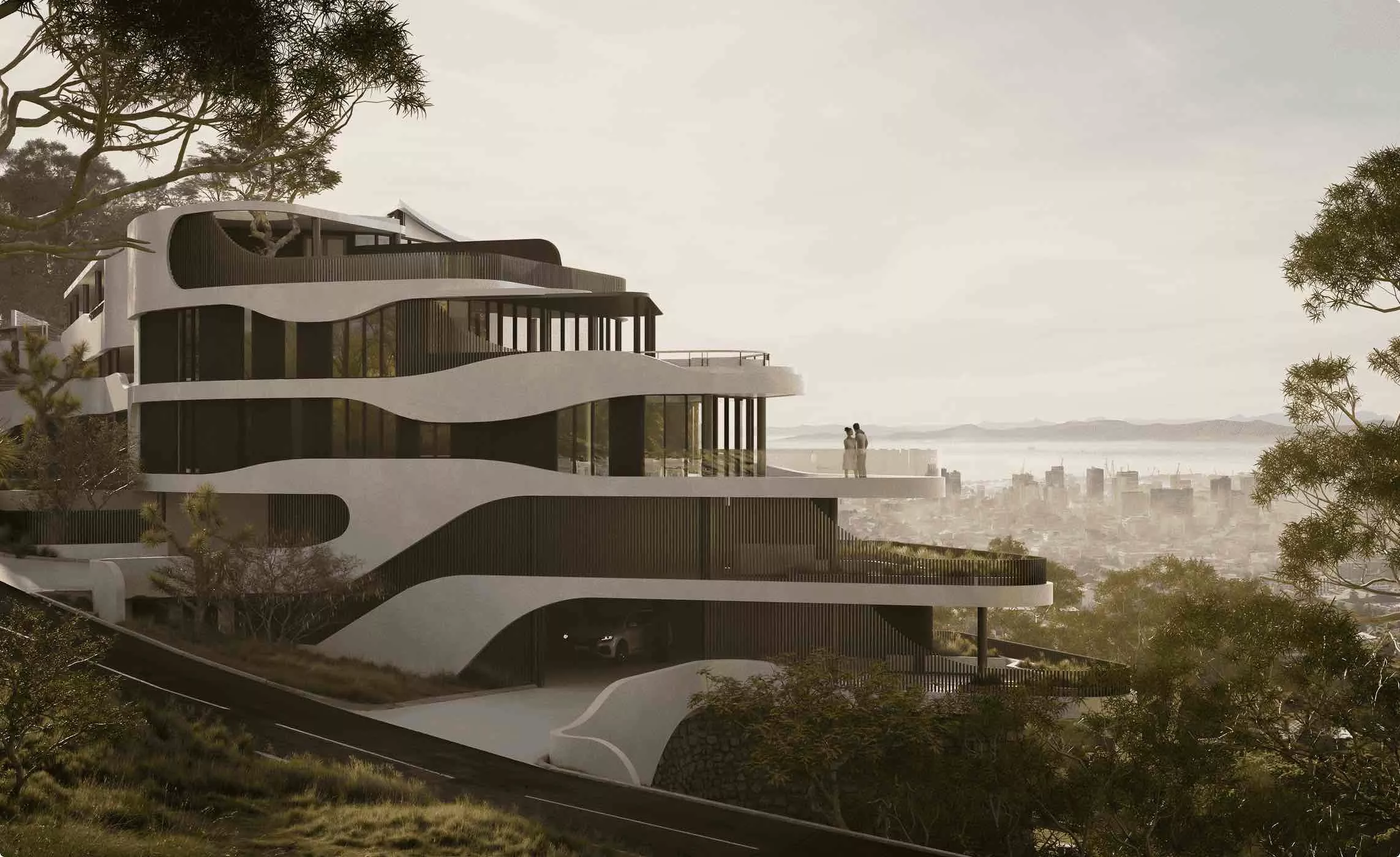 Hotel exterior design of a modern hillside building with curved terraces, glass walls, and city skyline view