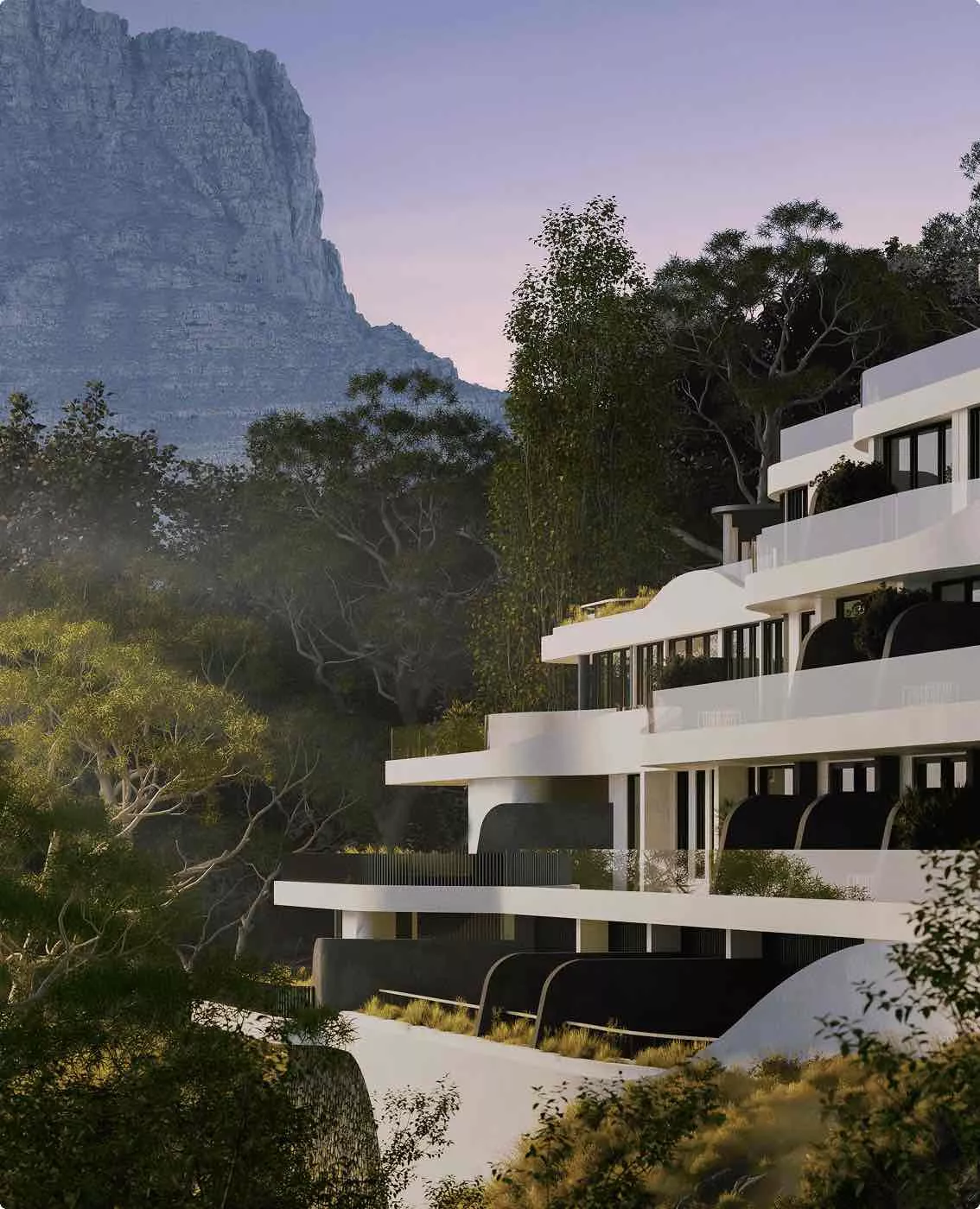 Hotel exterior design of a modern hillside facade with layered balconies, glass fronts, trees, and mountain view