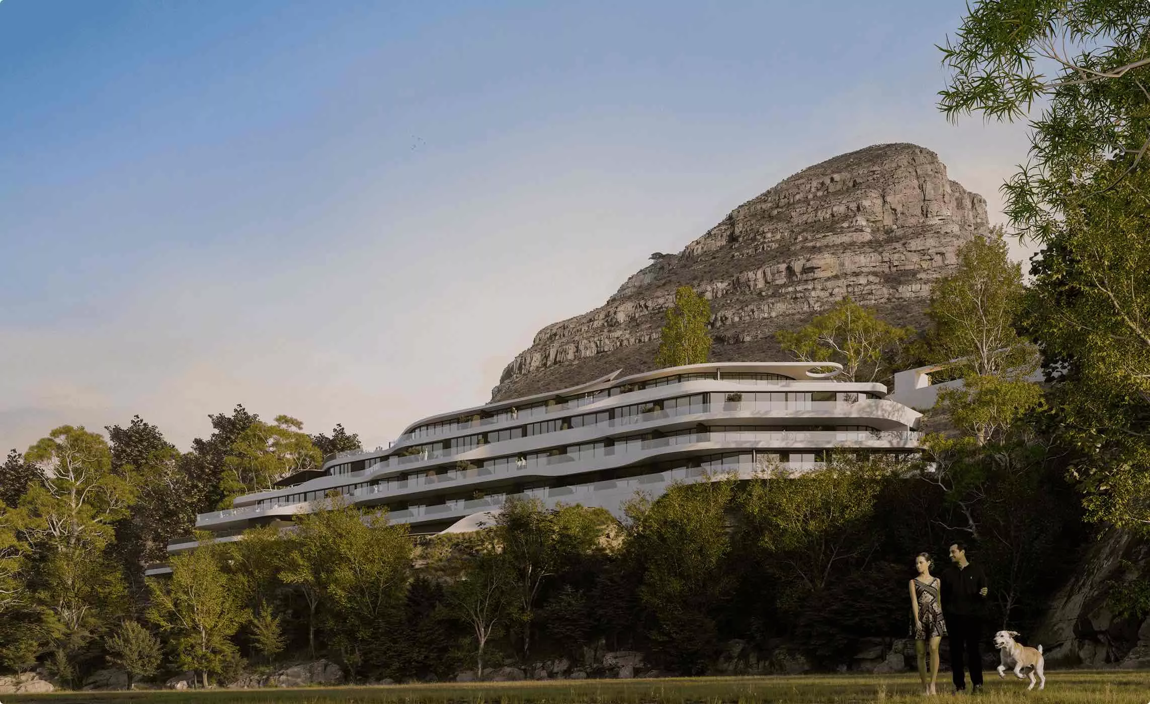 Hotel exterior design of a terraced hillside resort with curved balconies, glass facade, mountain backdrop, and trees