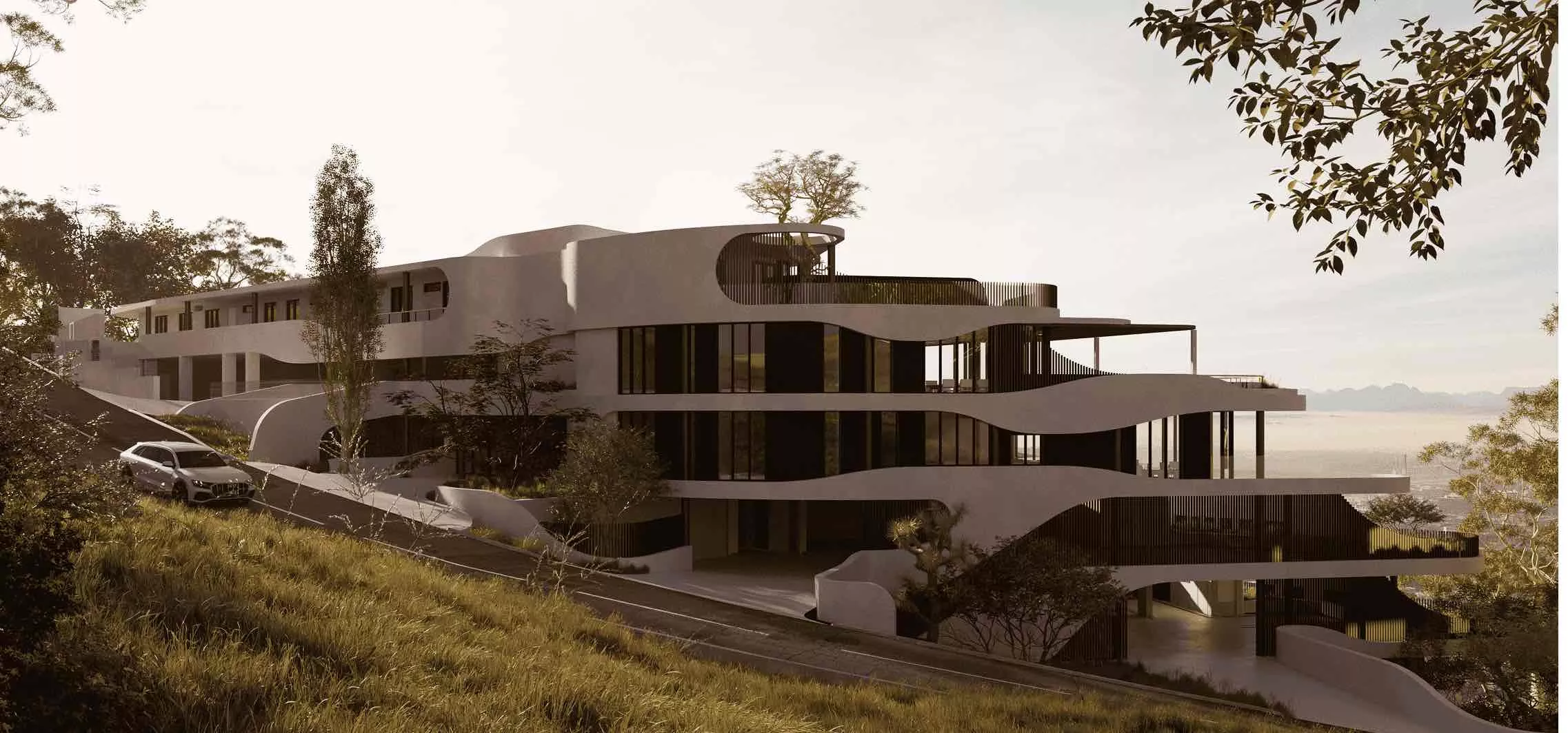 Hotel exterior of a modern hillside building with curved balconies, glass facades, trees, and driveway