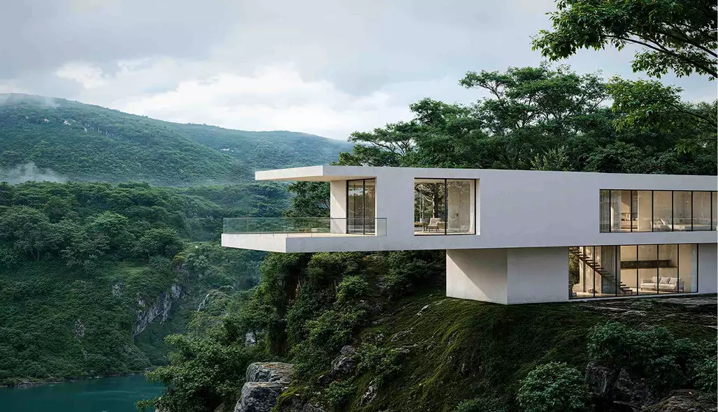 House rendering of a cantilevered modern home with glass walls above a lush ravine and forested hills