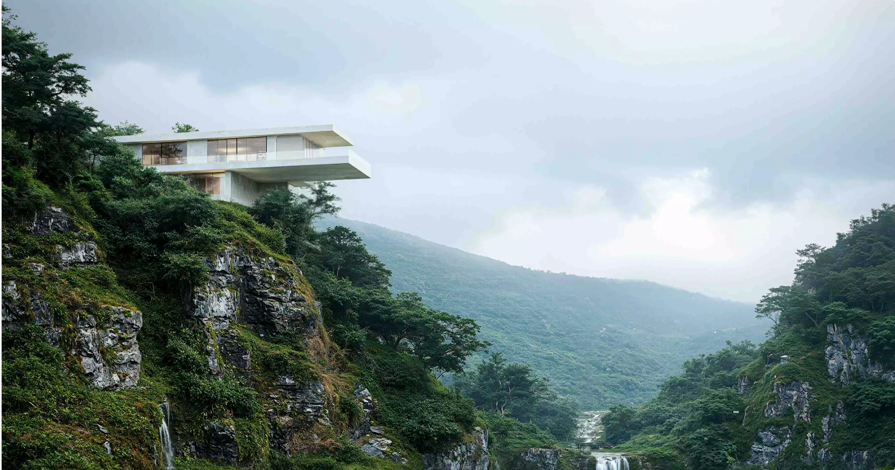 House rendering of a distant cliffside home above a waterfall valley with misty green hills
