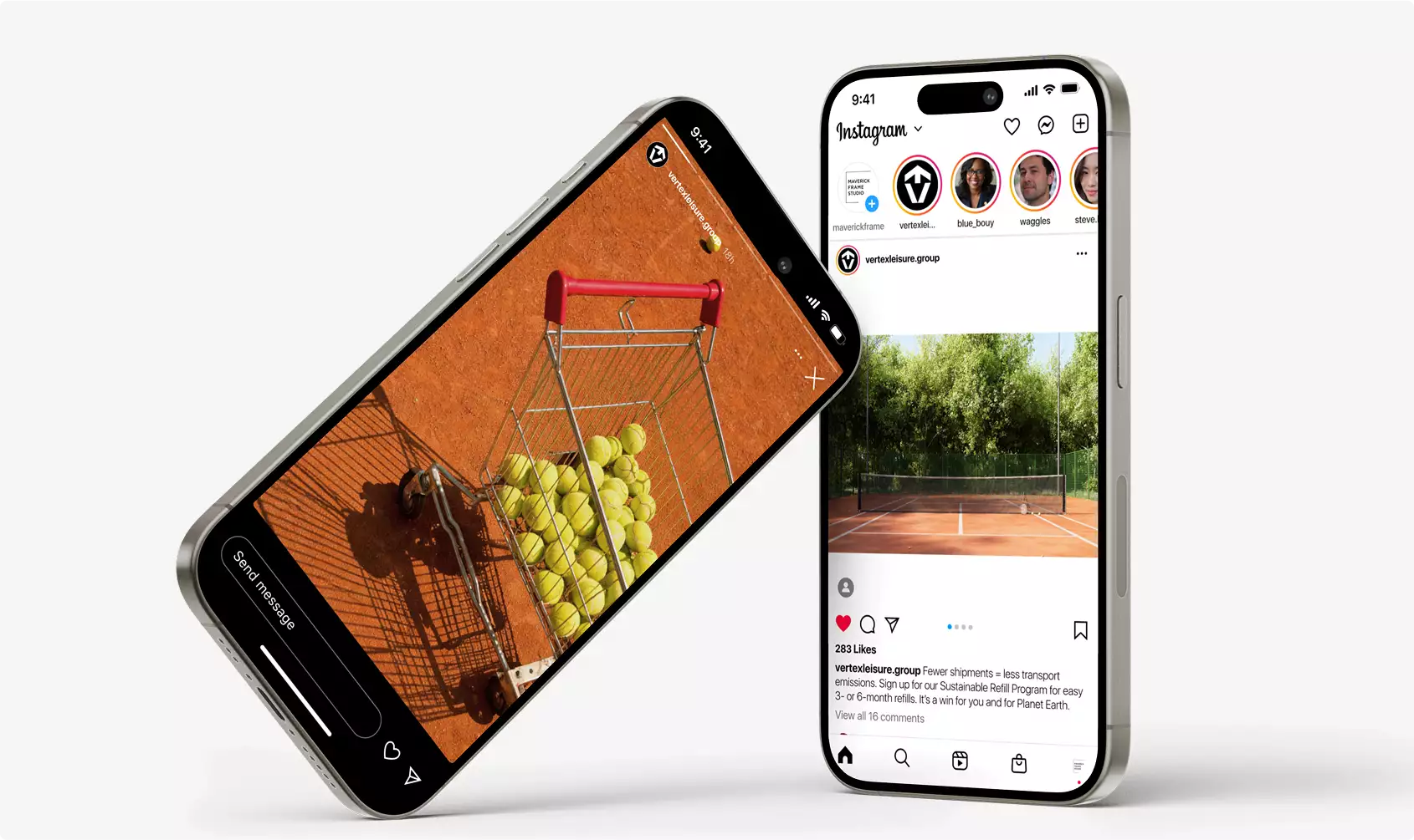 Two iPhones displaying Instagram posts of tennis court design, one with tennis ball cart, another forest view