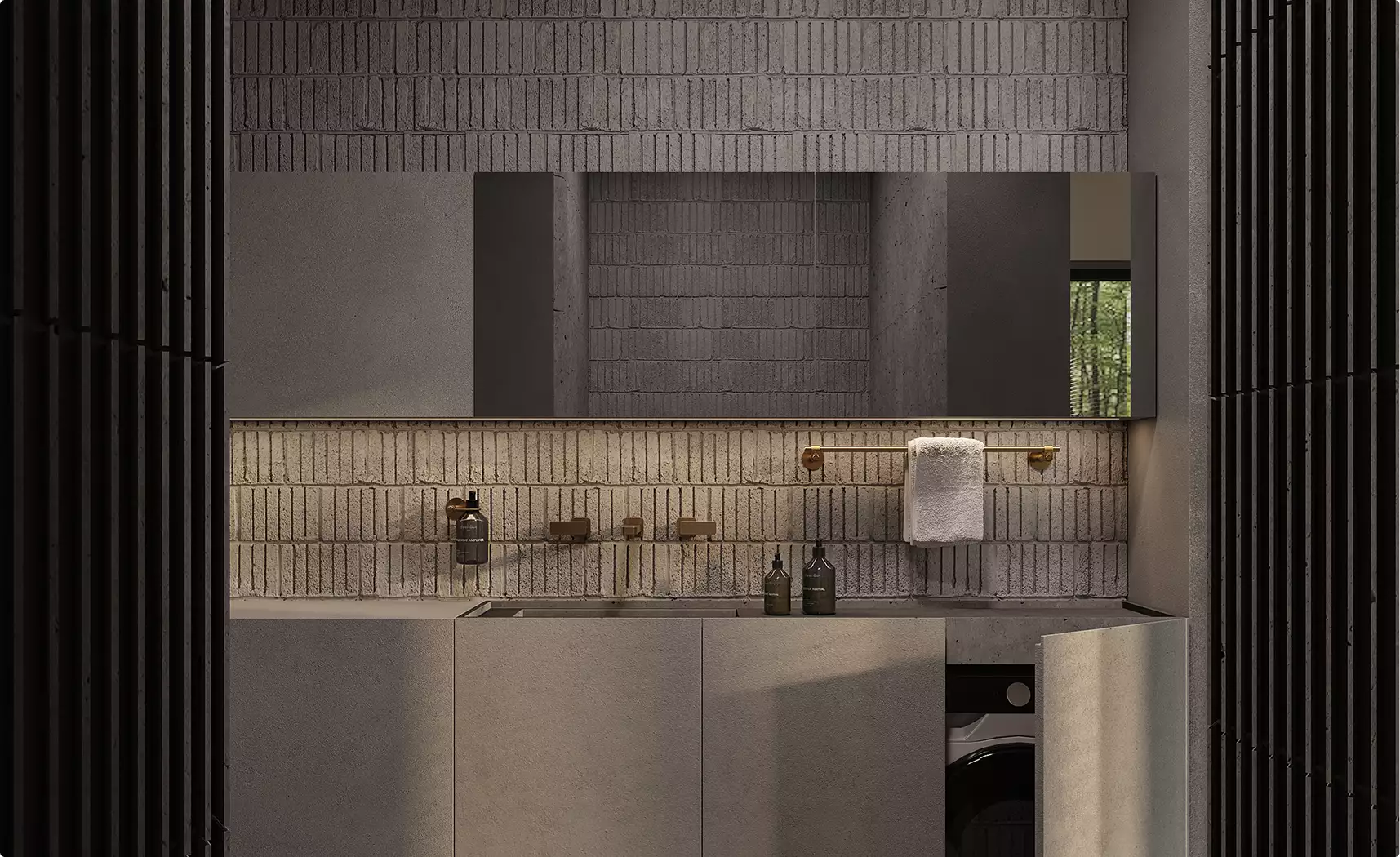 Interior modular homes bathroom vanity with wide mirror, brick wall, sink, and towel rail