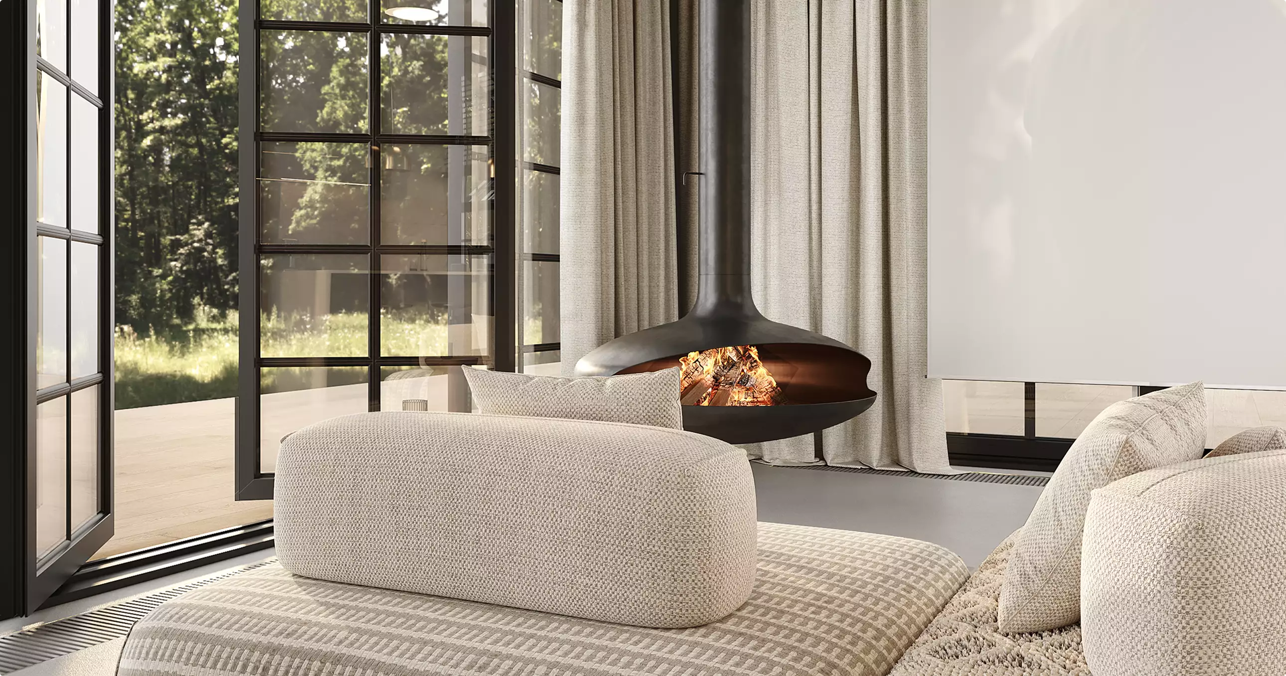 Interior modular homes lounge with curved seating, suspended fireplace, tall curtains, and windows