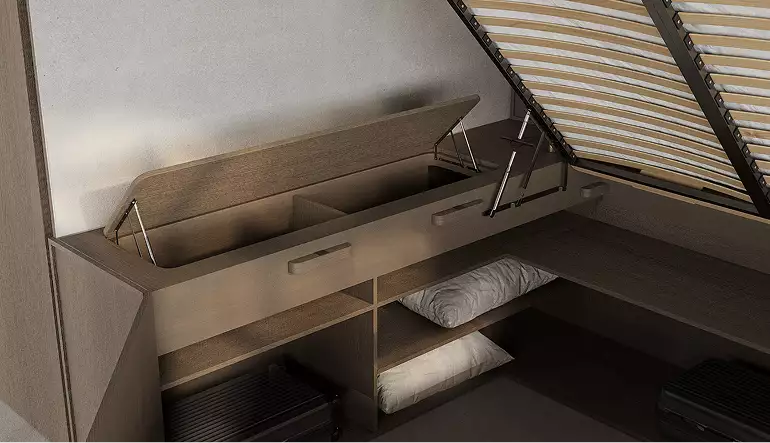 Interior modular homes storage bench with lift-up compartments, shelves, pillows, and luggage