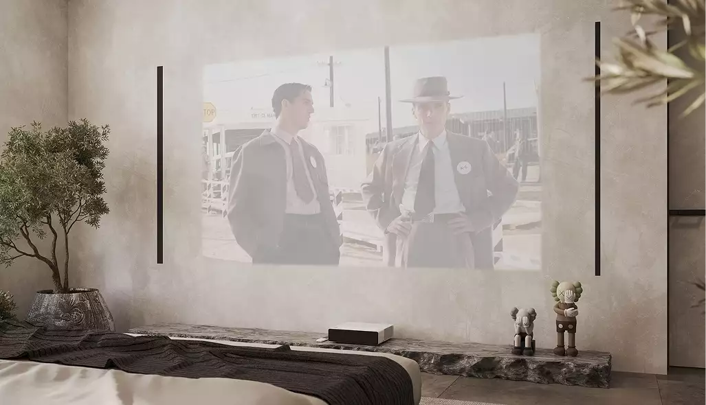 Luxury residence interior design of a bedroom wall with film projection, decor figures, and a low media shelf