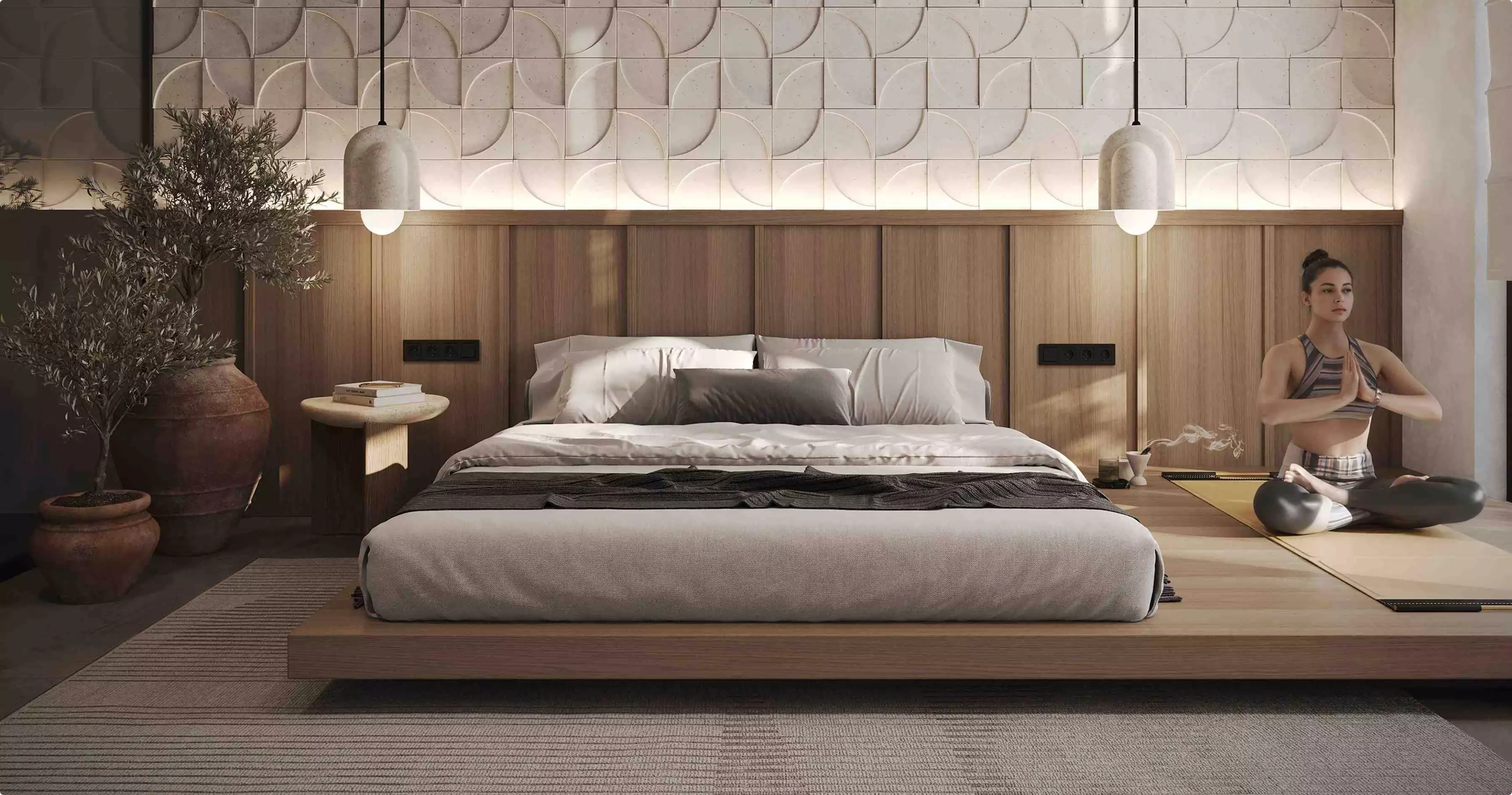 Luxury residence interior design of a bedroom with a platform bed, pendant lights, textured wall, and yoga area